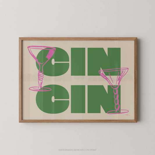 Framed artwork with 'GIN GIN' text and pink martini glass illustrations on a beige background.