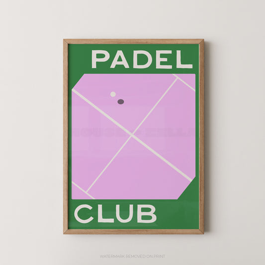 A framed minimalist poster featuring a purple tennis court graphic with the words 'PADEL CLUB' in white text on a green background, shown against a light neutral wall.