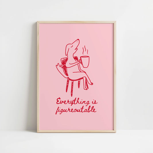 Framed pink poster with red illustration of a fox and text on a white background