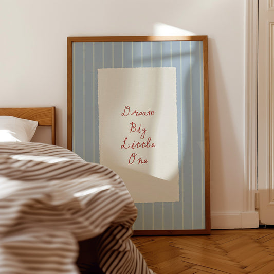 Dream Big Little One nursery wall art print in blue striped design