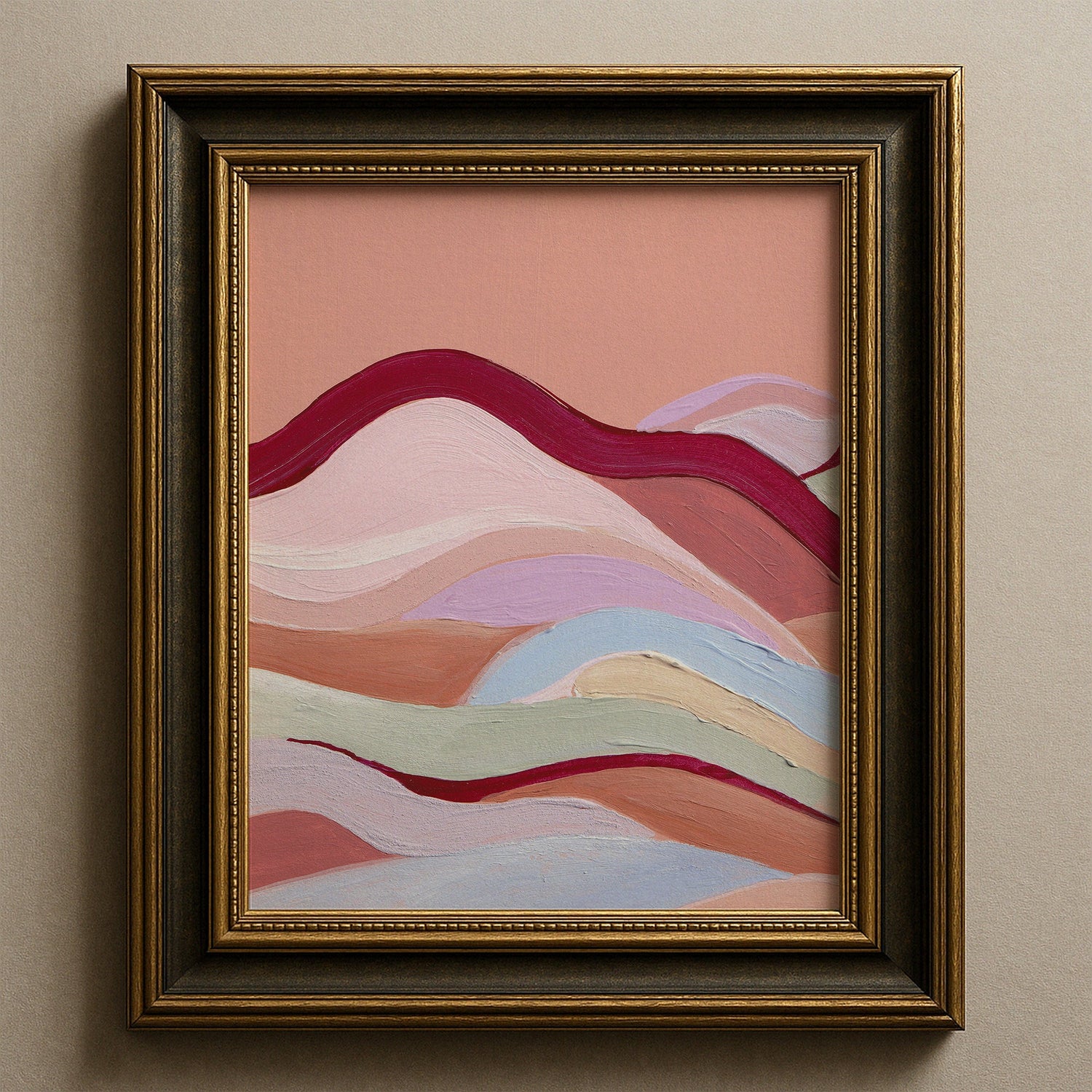 Original abstract landscape painting in warm pink, terracotta and cream tones by Emily Kinloch-Davis.