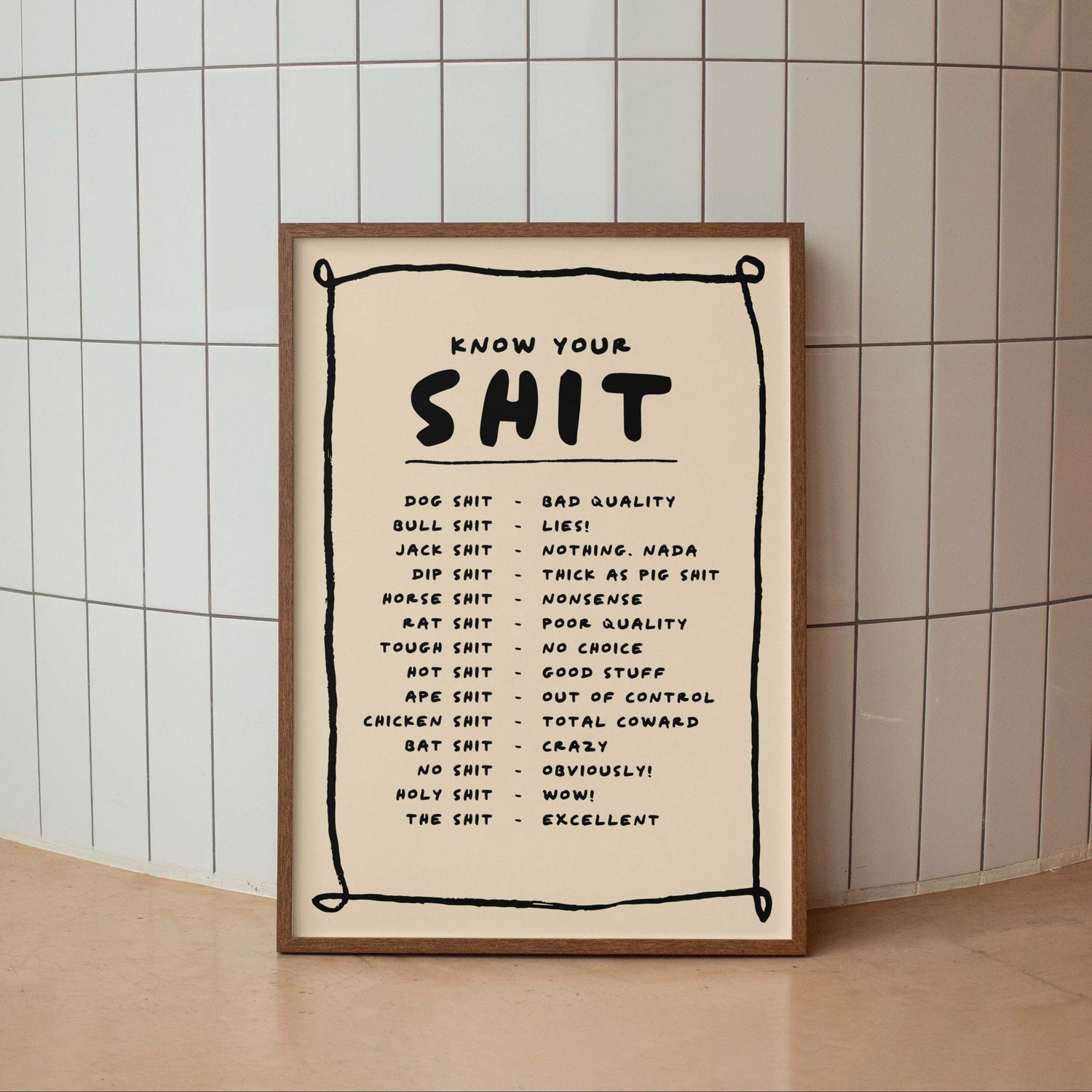 Framed wall on a plain white wall, featuring House of Zella "Know Your Shit" design.
