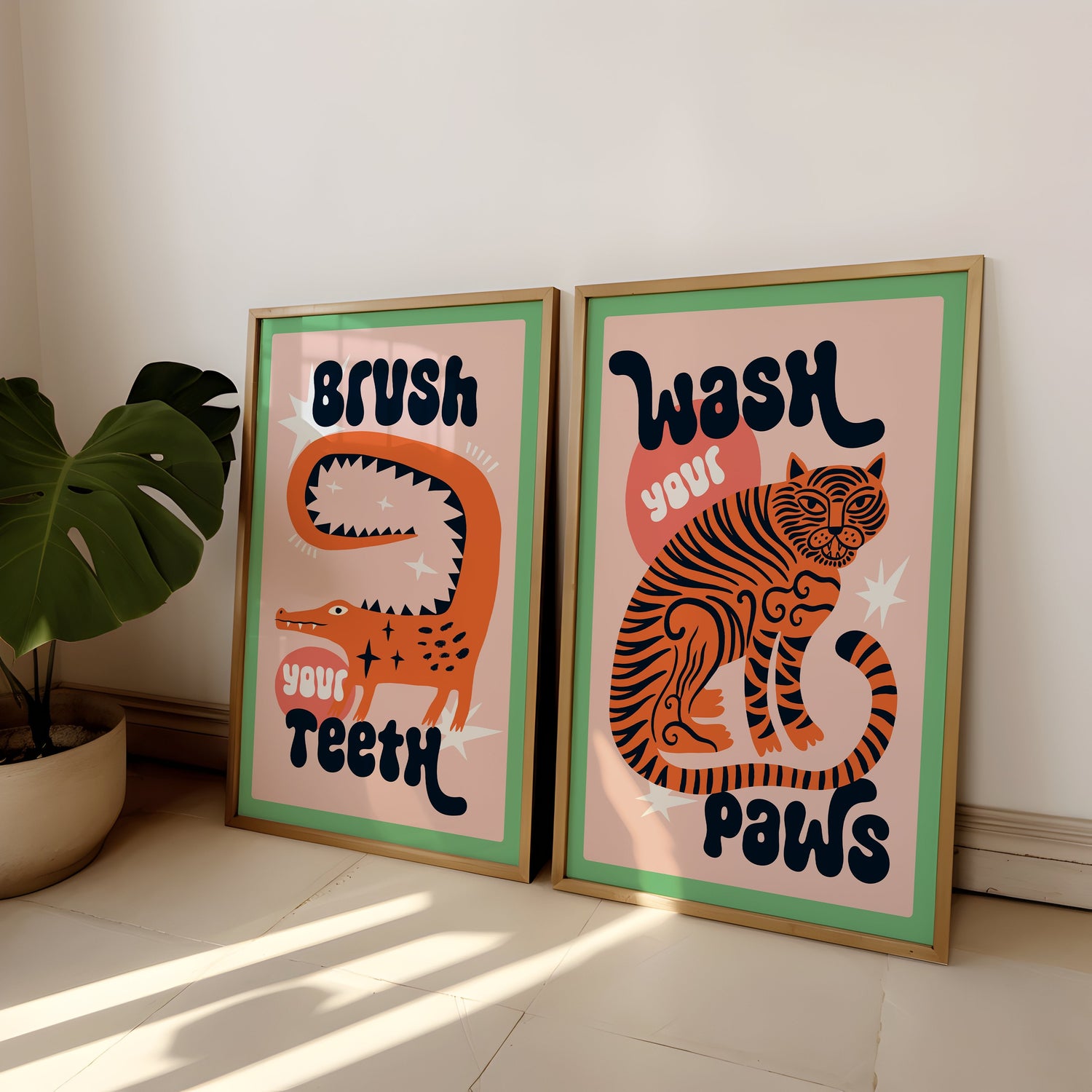 Colourful bathroom wall art featuring Wash Your Paws and Brush Your Teeth prints