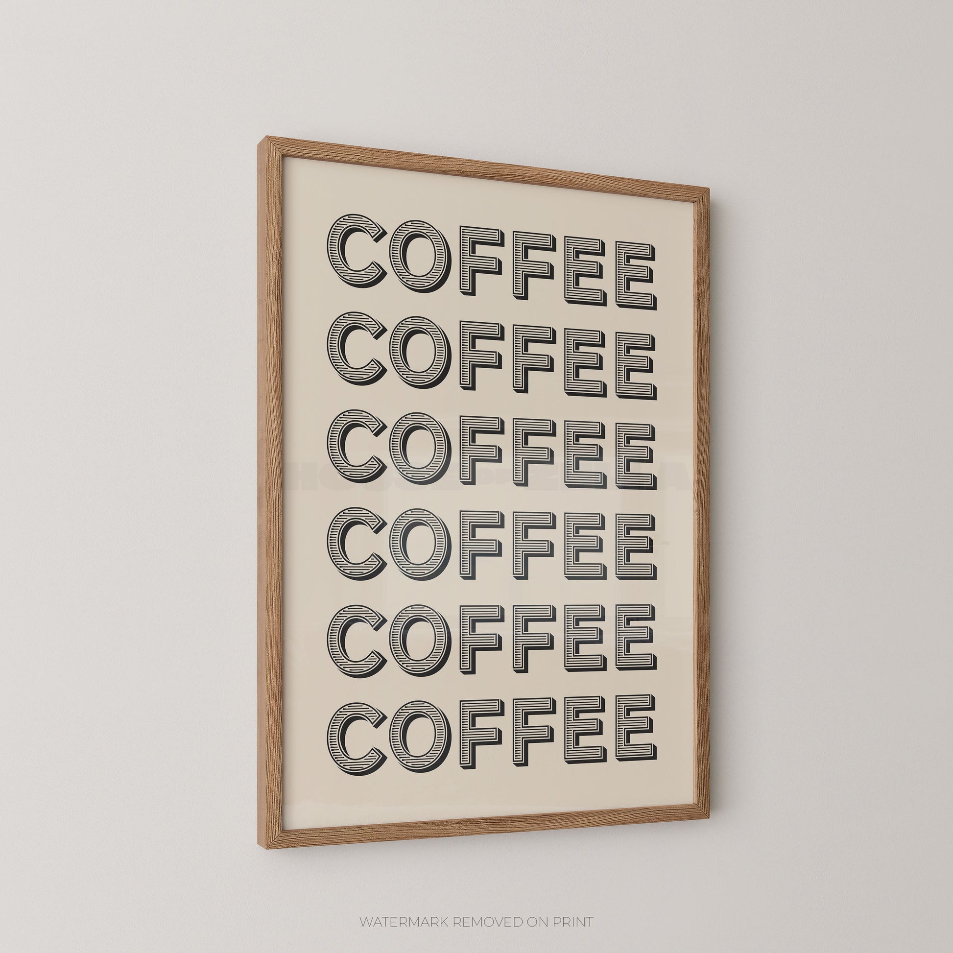 Framed wall art featuring the word 'COFFEE' repeated six times in large gray letters on an off-white background, with a light natural wood frame, shown hanging on a light gray wall.