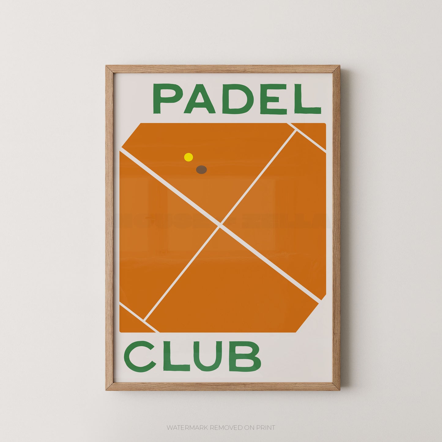 A framed minimalist poster featuring an orange padel court design with green 'PADEL CLUB' text, shown hanging against a light neutral wall.