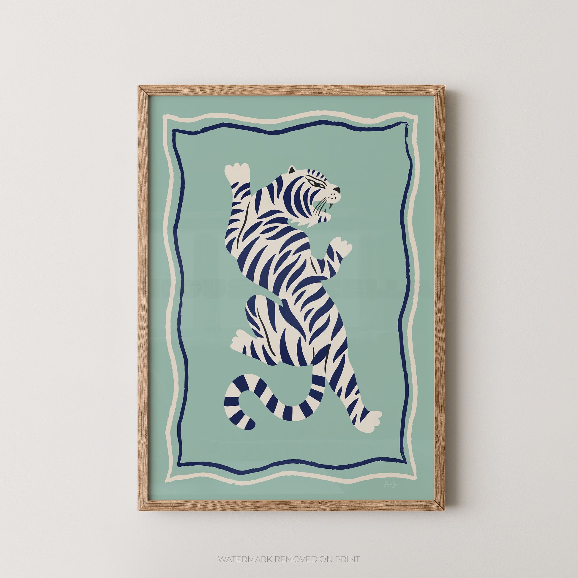 "Tiger Portrait bold graphic wall art print featuring a white tiger with navy blue stripes in a dynamic pose on a mint green background with a navy wavy border, displayed straight-on in an oak frame"

