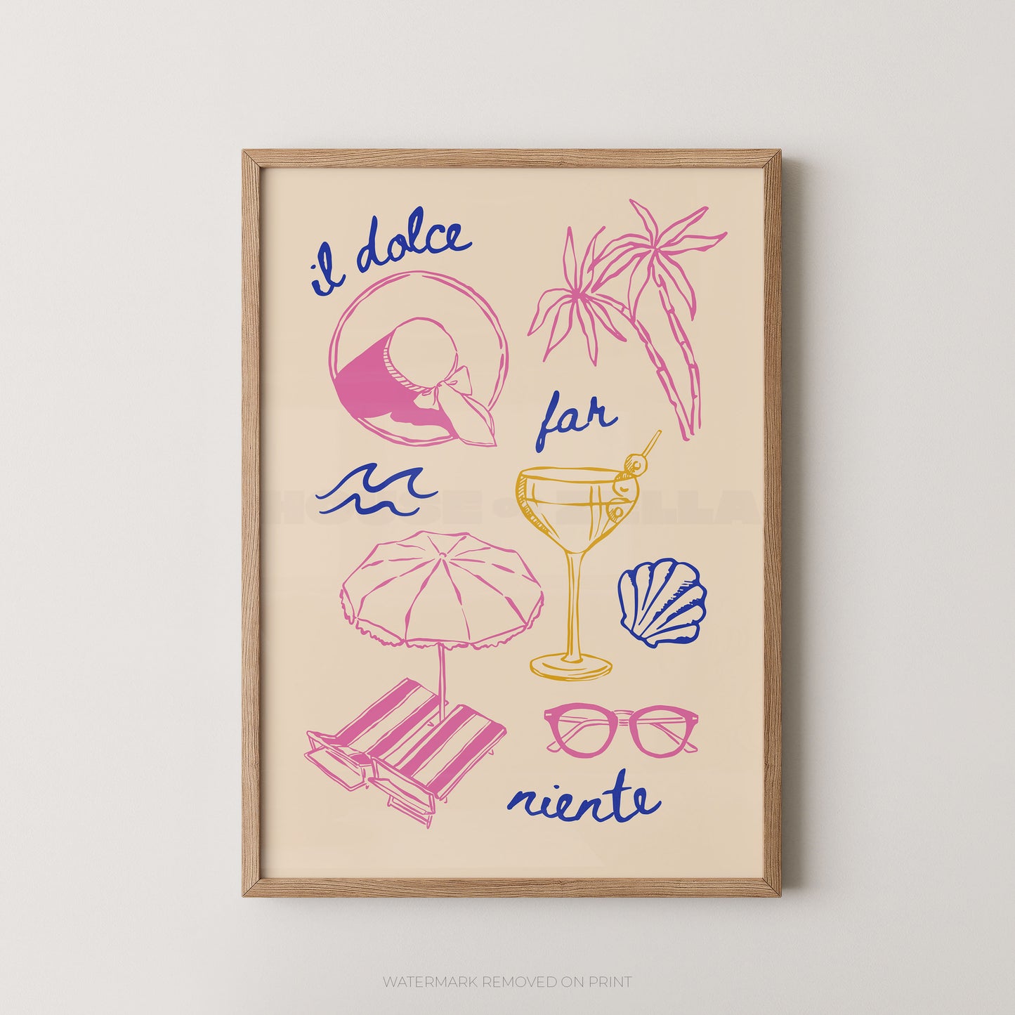 'il dolce', 'far', and 'niente' wirtten in blue and pink illustrations of holiday items, palm trees, sun hats, shells and cocktails