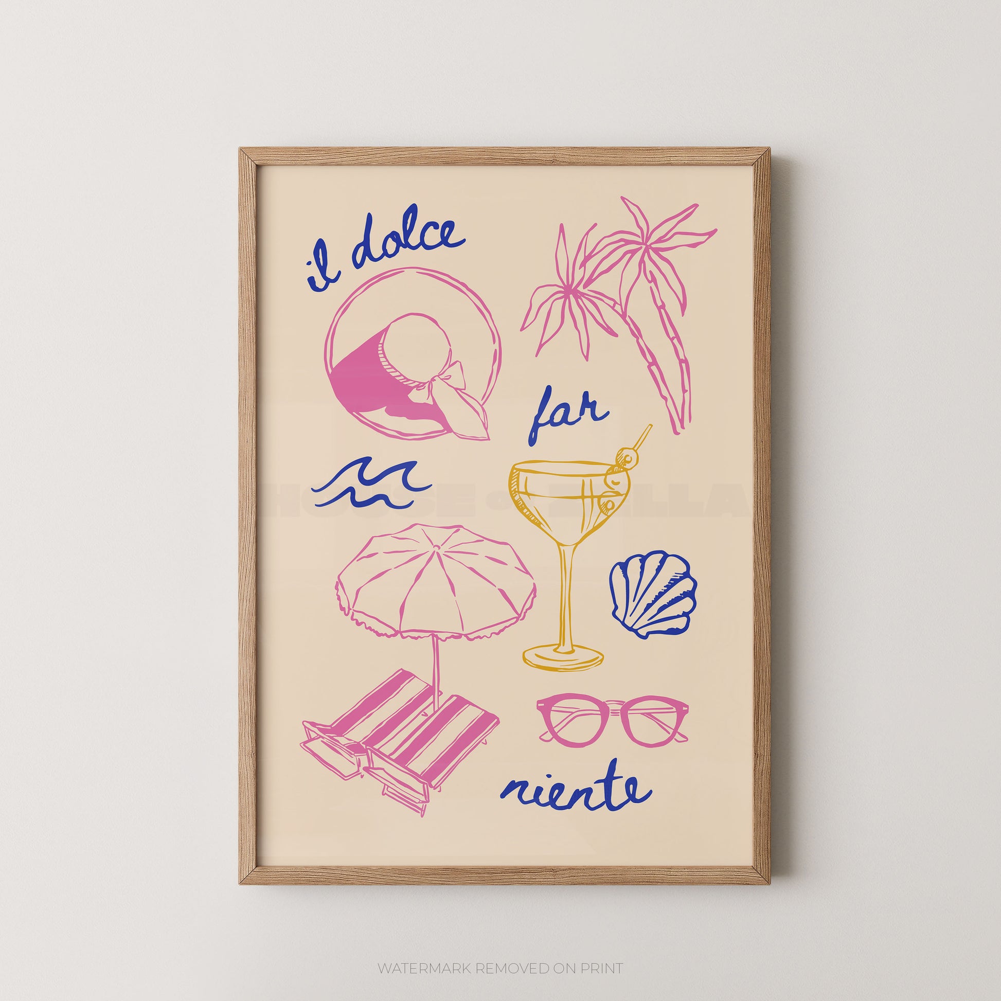 'il dolce', 'far', and 'niente' wirtten in blue and pink illustrations of holiday items, palm trees, sun hats, shells and cocktails