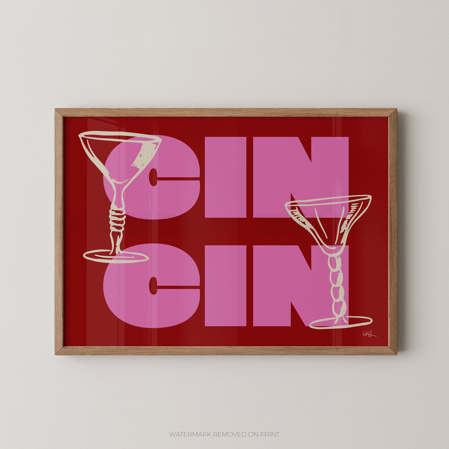 Framed artwork with 'Cin Cin' text and martini glass illustrations on a red background.