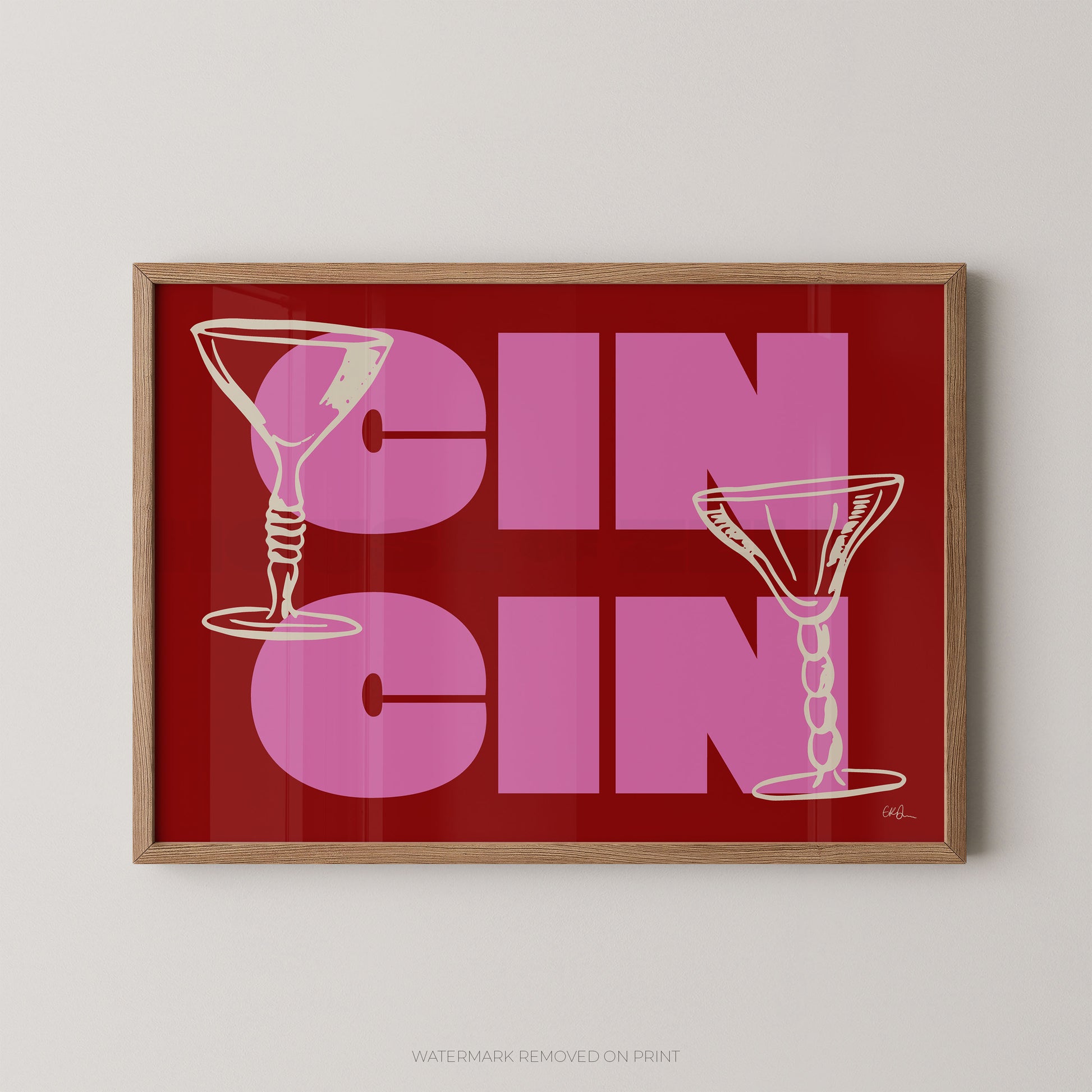 Framed artwork with 'Cin Cin' text and martini glass illustrations on a red background.