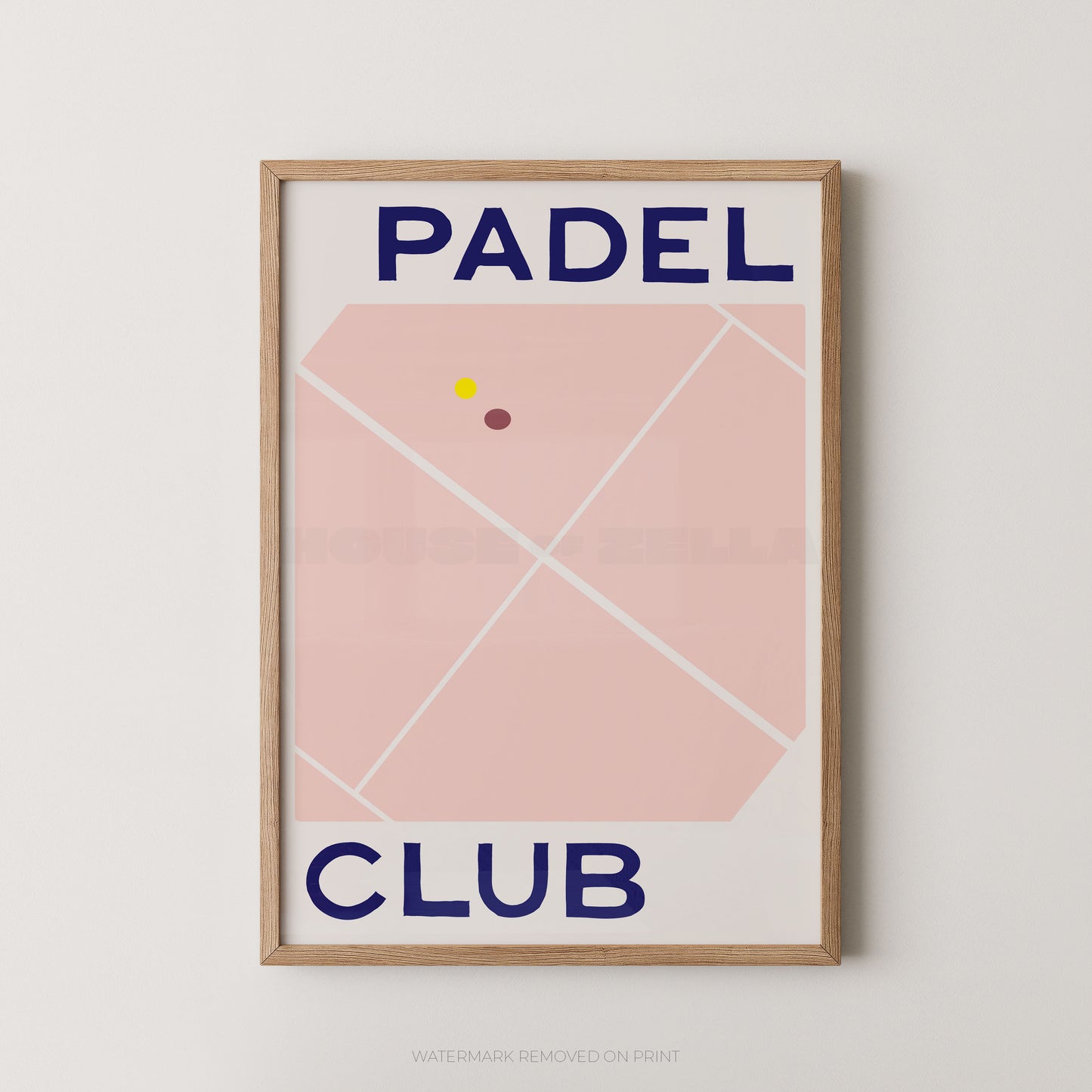 A framed minimalist art print featuring a pink tennis court design with the words 'PADEL CLUB' in dark blue text, hung on a light gray wall.