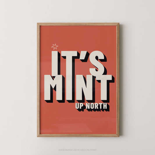 Framed typographic wall art hanging on a light neutral wall. The print has a striking red background with large cream lettering reading “IT’S MINT” and smaller cream text reading “UP NORTH,” plus a small star near the top left.