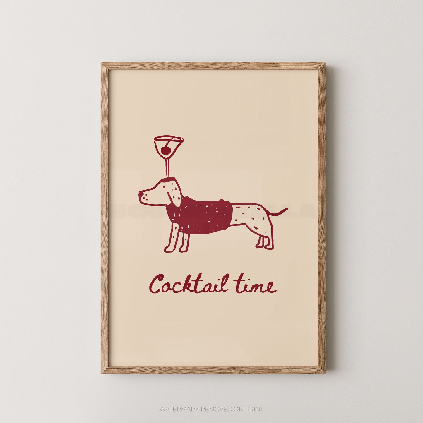 Framed wall art print with a minimalist red illustration of a dog wearing a sweater and a cocktail glass on its head, above the words 'Cocktail time' in red script, shown against a light neutral background.