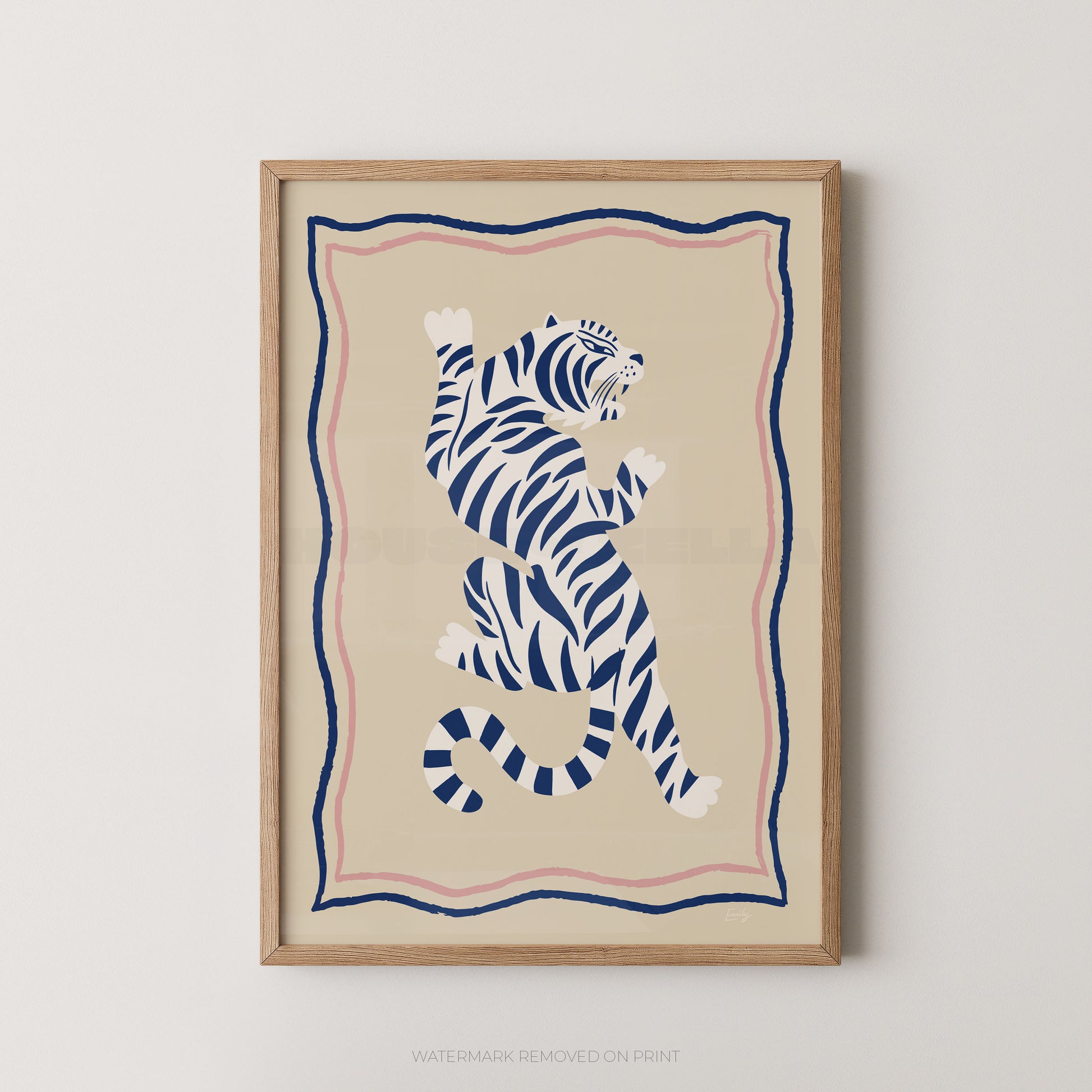 "Tiger Portrait bold graphic wall art print featuring a white tiger with navy blue stripes in a dynamic pose on a cream background with a pink and navy wavy border, displayed straight-on in an oak frame"

