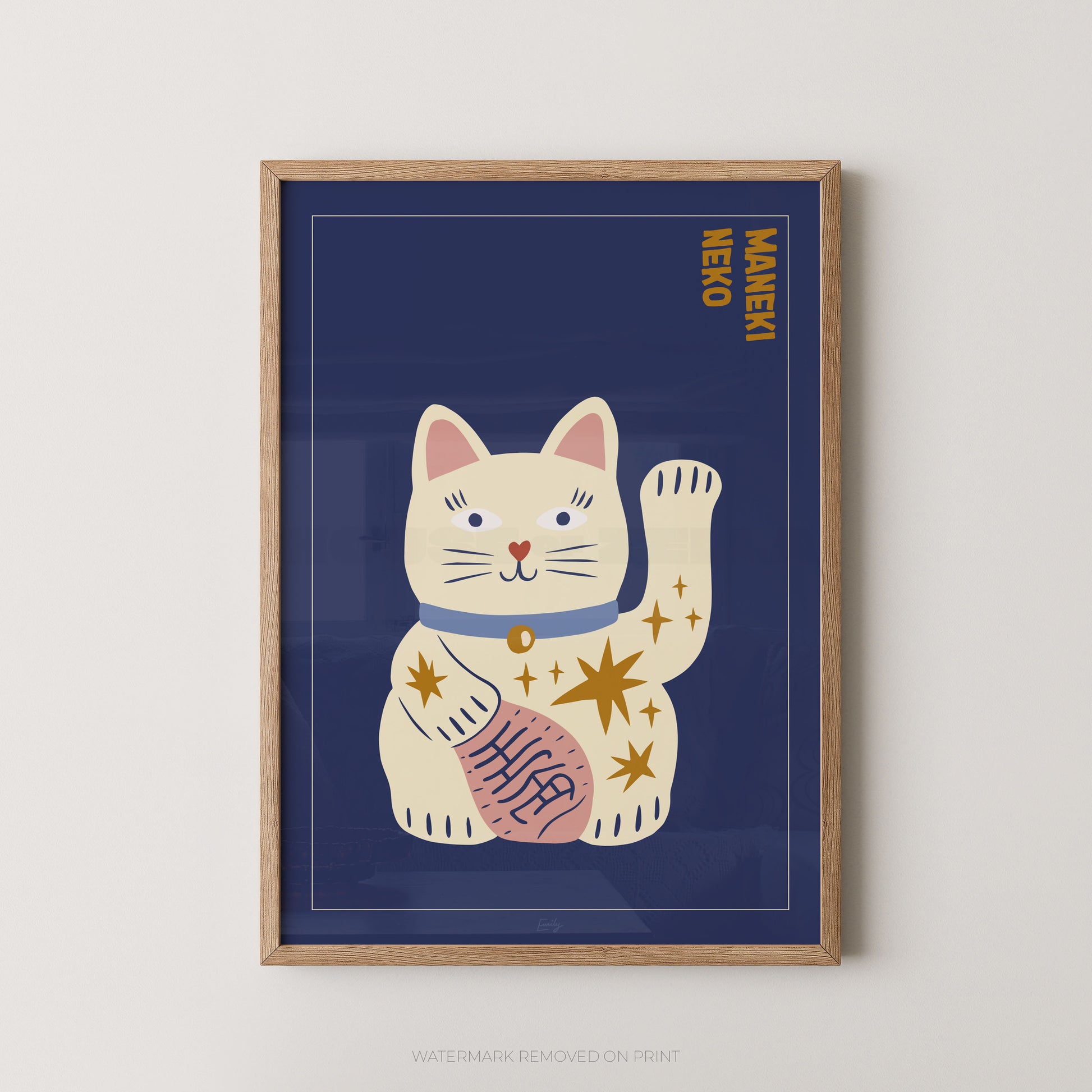 Framed artwork of a cartoon cat with a blue background and 'Maneki Neko' text.