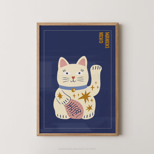 Framed artwork of a cartoon cat with a blue background and 'Maneki Neko' text.