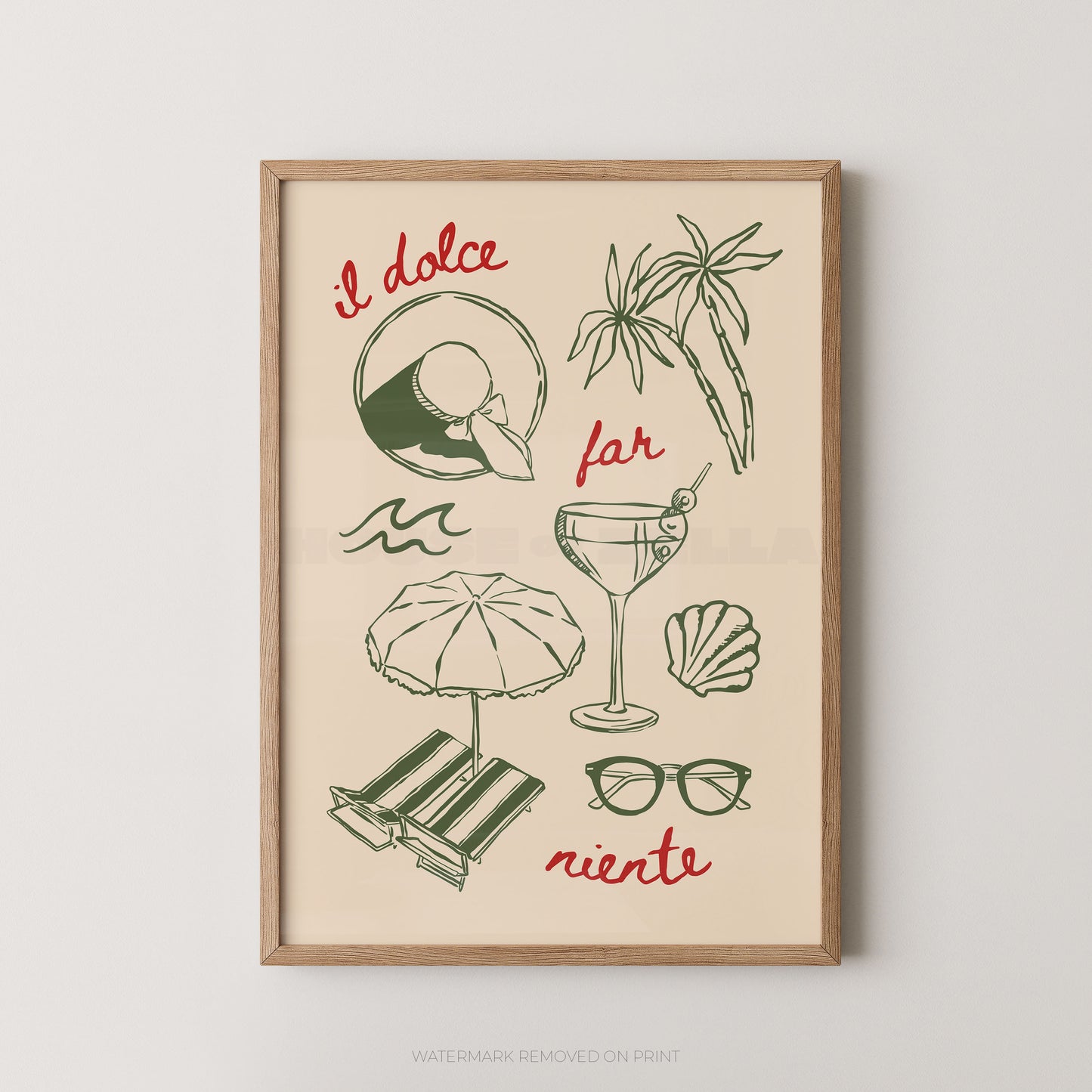 A framed art print featuring minimalist summer-themed illustrations, including a cocktail glass, palm leaves, sunglasses, a beach umbrella, a seashell, and a coconut, with the Italian phrase 'il dolce far niente' in red script on a cream background, enclosed in a light wood frame.