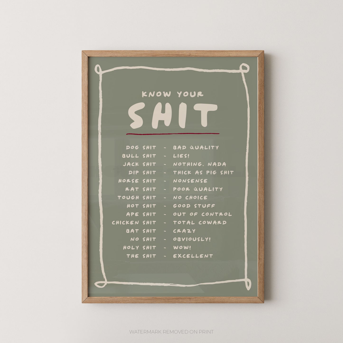Framed print with a list of euphemisms for body parts on a green background