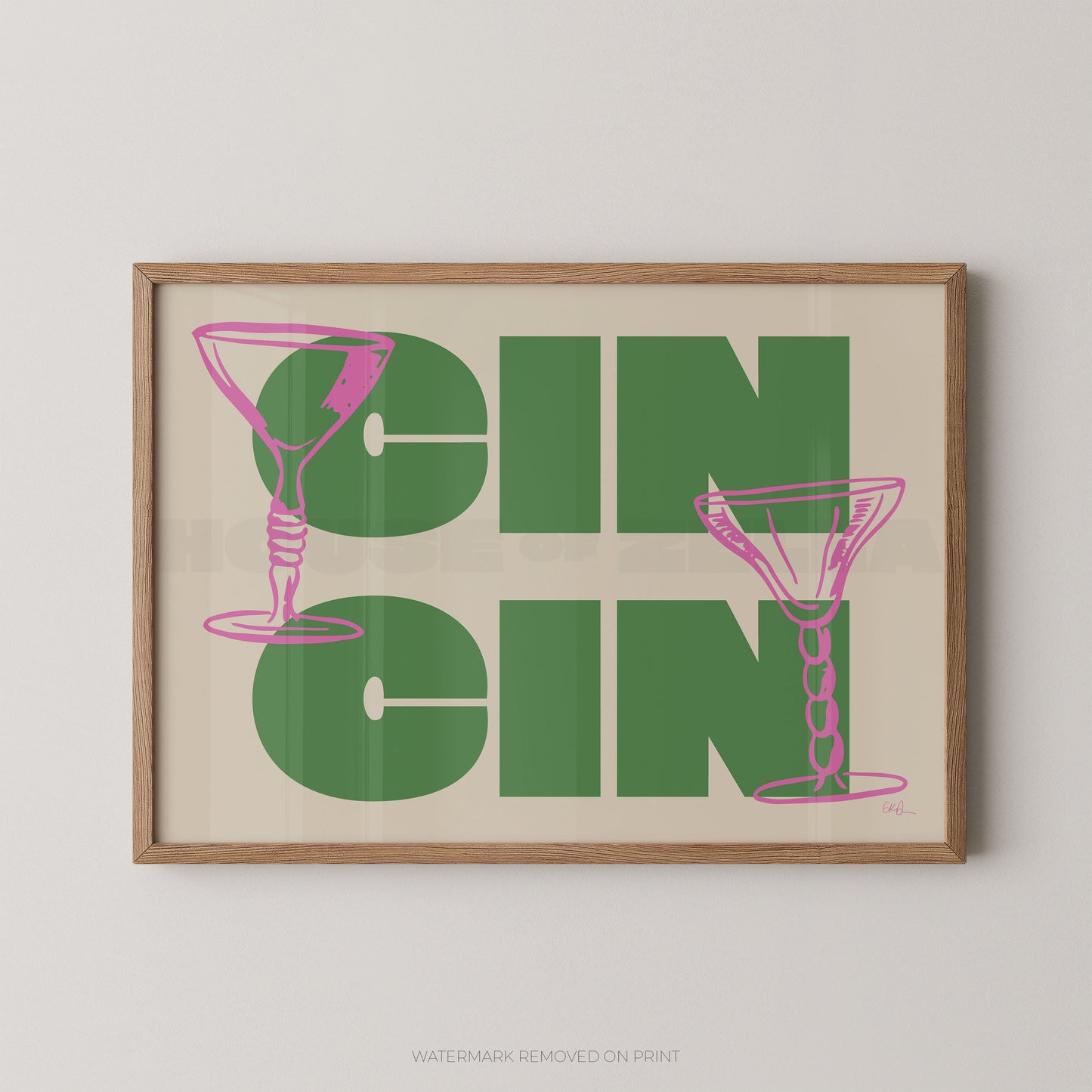 Framed artwork with 'GIN GIN' text and pink martini glass illustrations on a beige background.