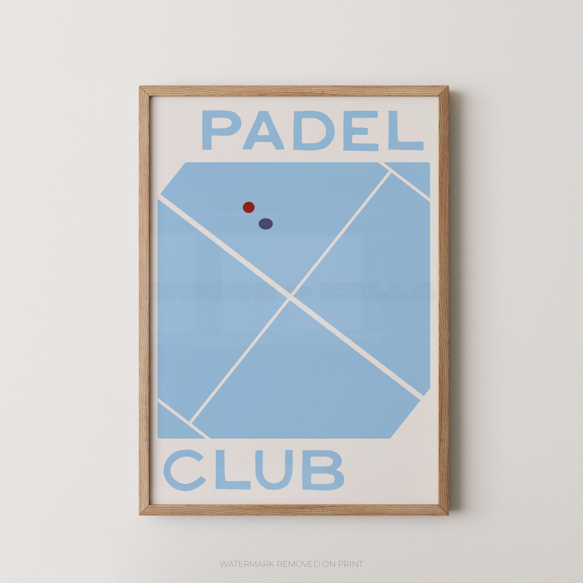 A framed minimalist poster featuring a Blue tennis court design with the words 'PADEL CLUB' in bold blue text, hung on a light neutral wall.