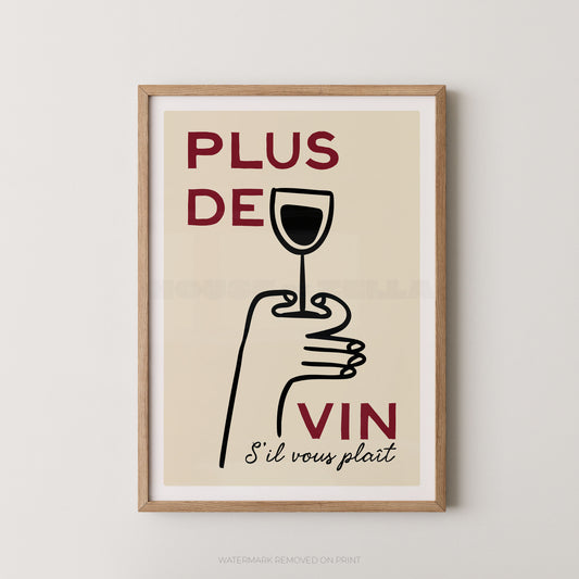 Framed artwork with a hand holding a wine glass and text on a beige background