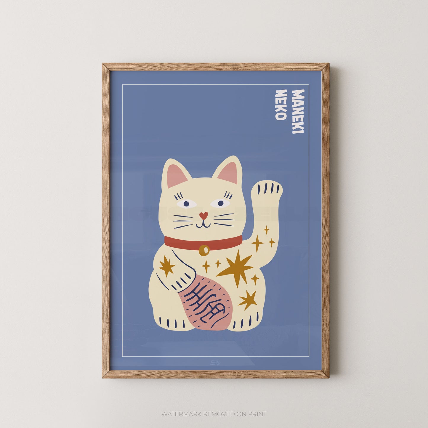 Framed artwork of a waving cat illustration with 'Maneki Neko' text on a blue background.