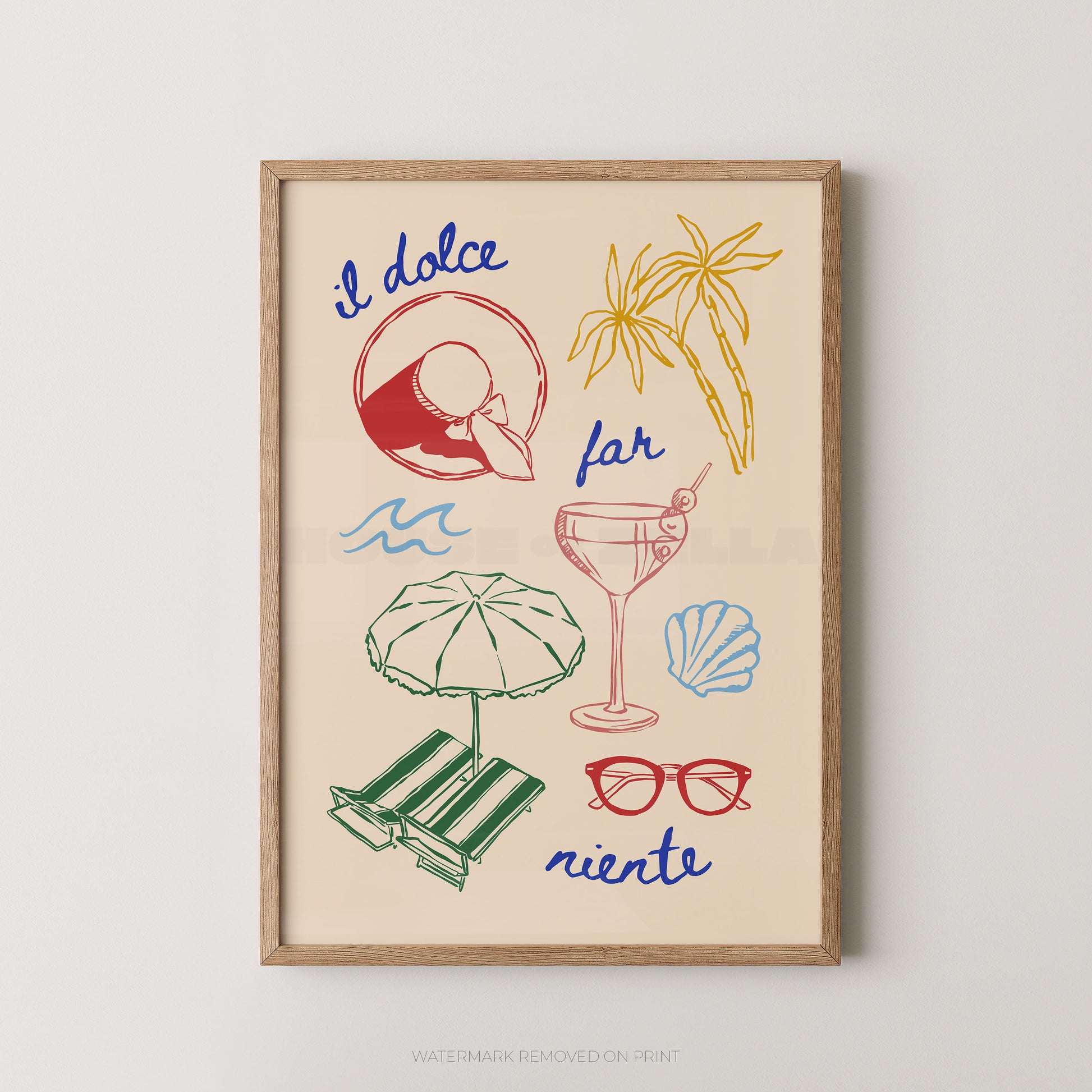 A framed art print featuring a retro Italian summer theme with hand-drawn illustrations of a beach umbrella, lounge chair, cocktail glass, sunglasses, seashell, palm tree, and a coconut, accompanied by the words 'il dolce', 'far', and 'niente' on a cream background with a light wood frame.
