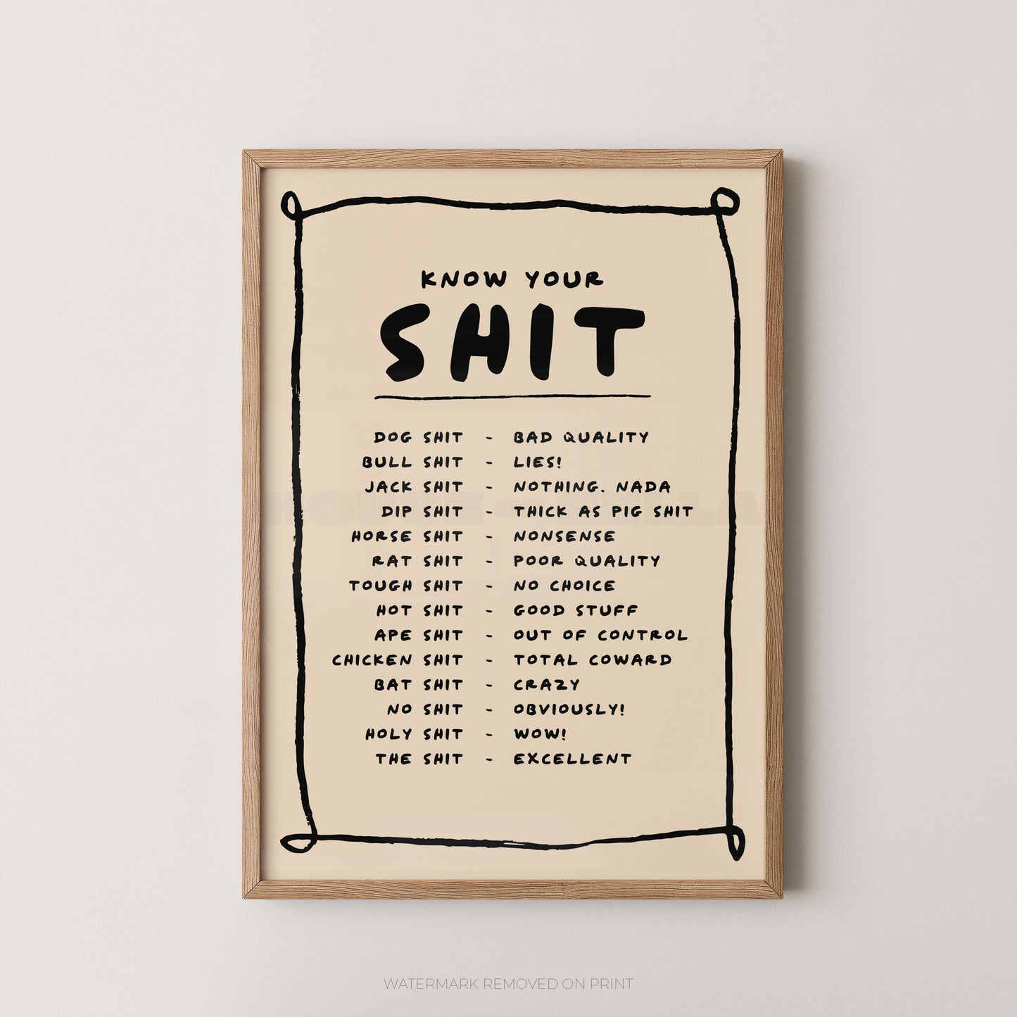Framed poster with a list of profanity on a beige background