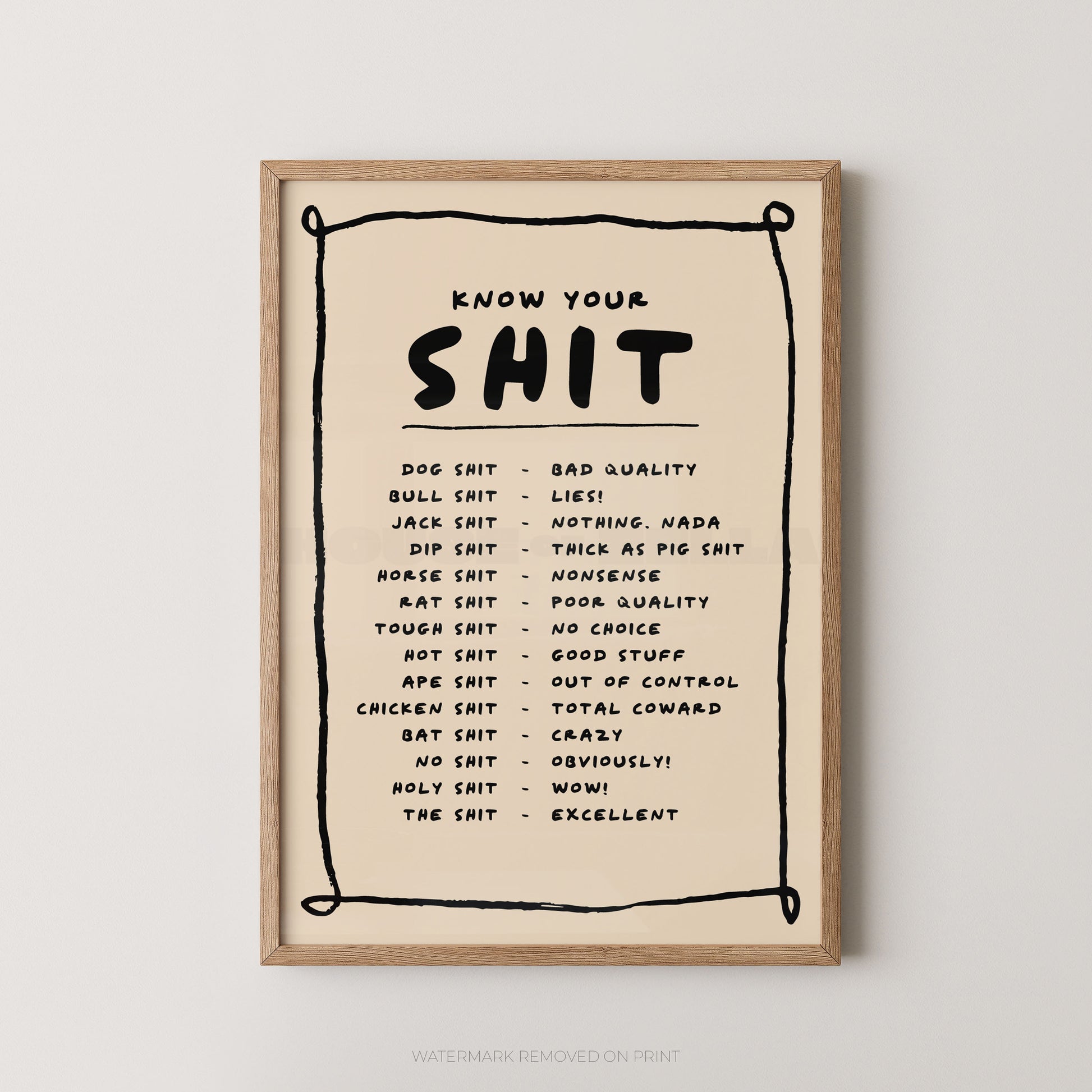 Framed poster with a list of profanity on a beige background