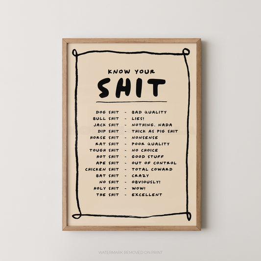 Framed poster with a list of profanity on a beige background