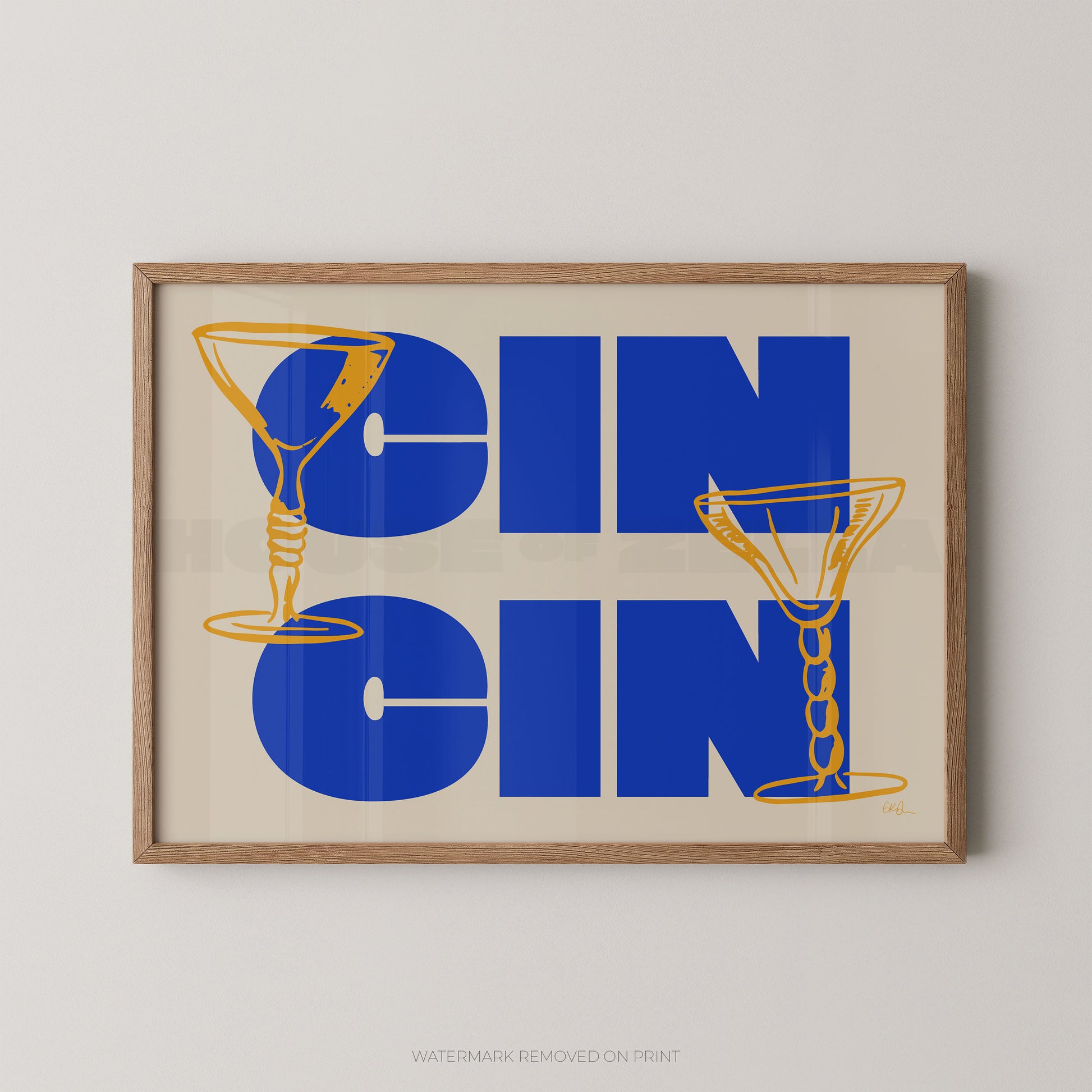 Framed artwork with 'GIN GIN' text and martini glass illustrations on a beige background