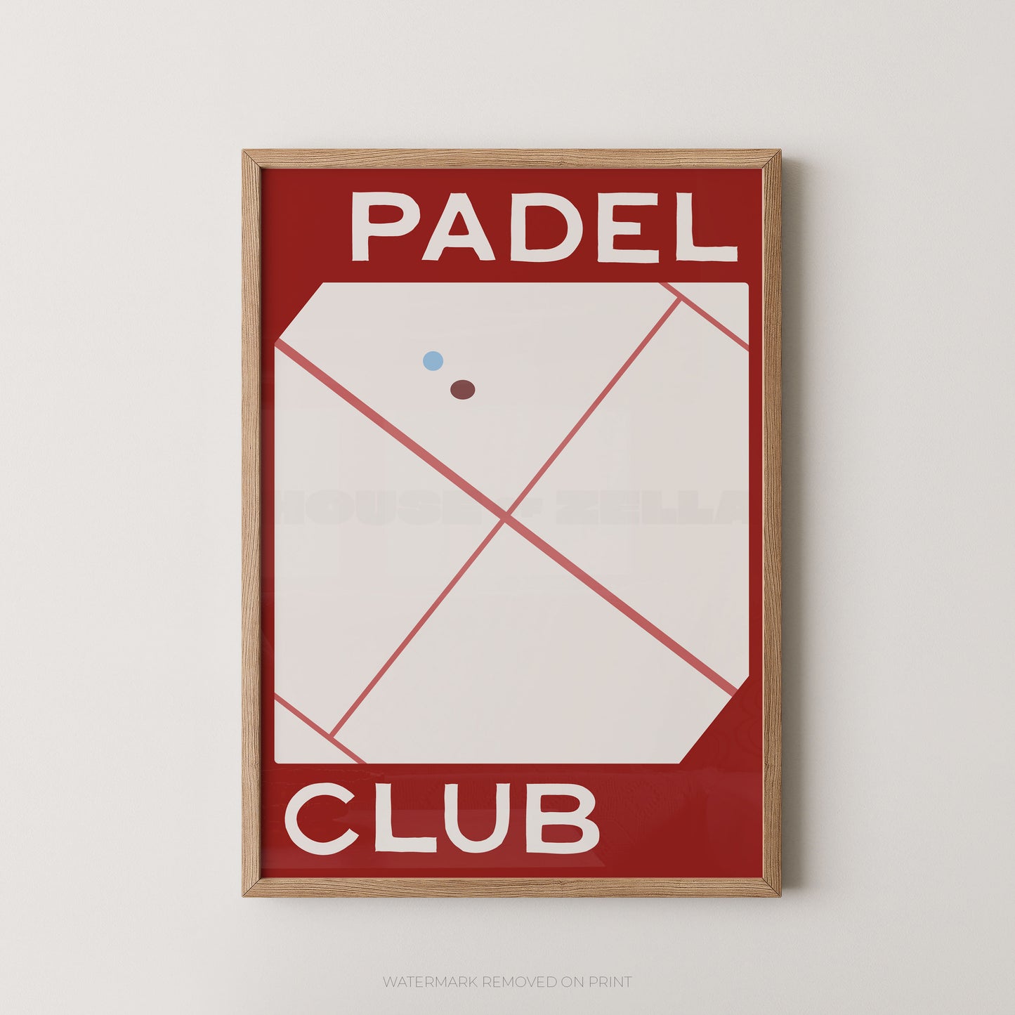 A framed poster featuring a minimalist red and white graphic with the words 'PADEL CLUB' and a simple padel court illustration, shown hanging against a light neutral wall.