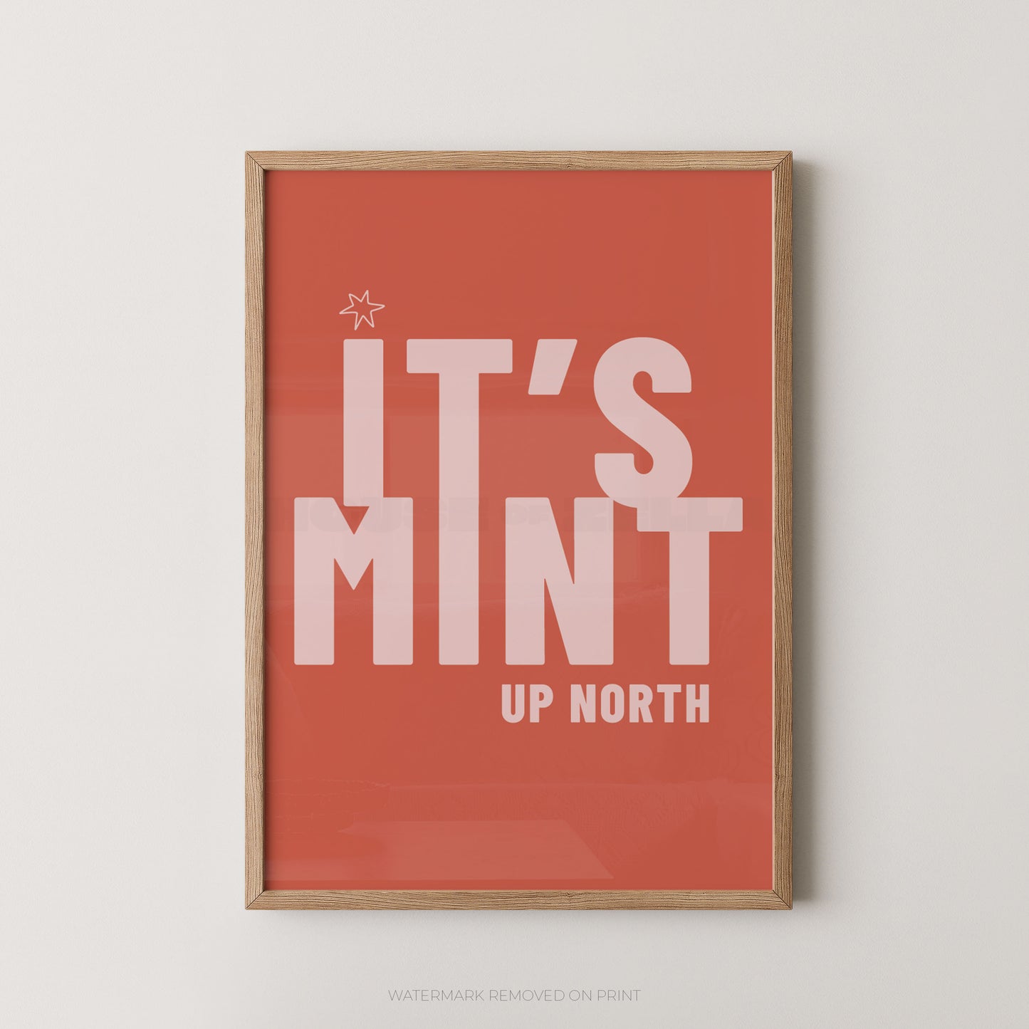 Framed typographic wall art print with a coral-red background and large white text reading “IT’S MINT UP NORTH,” shown hanging against a light neutral wall.