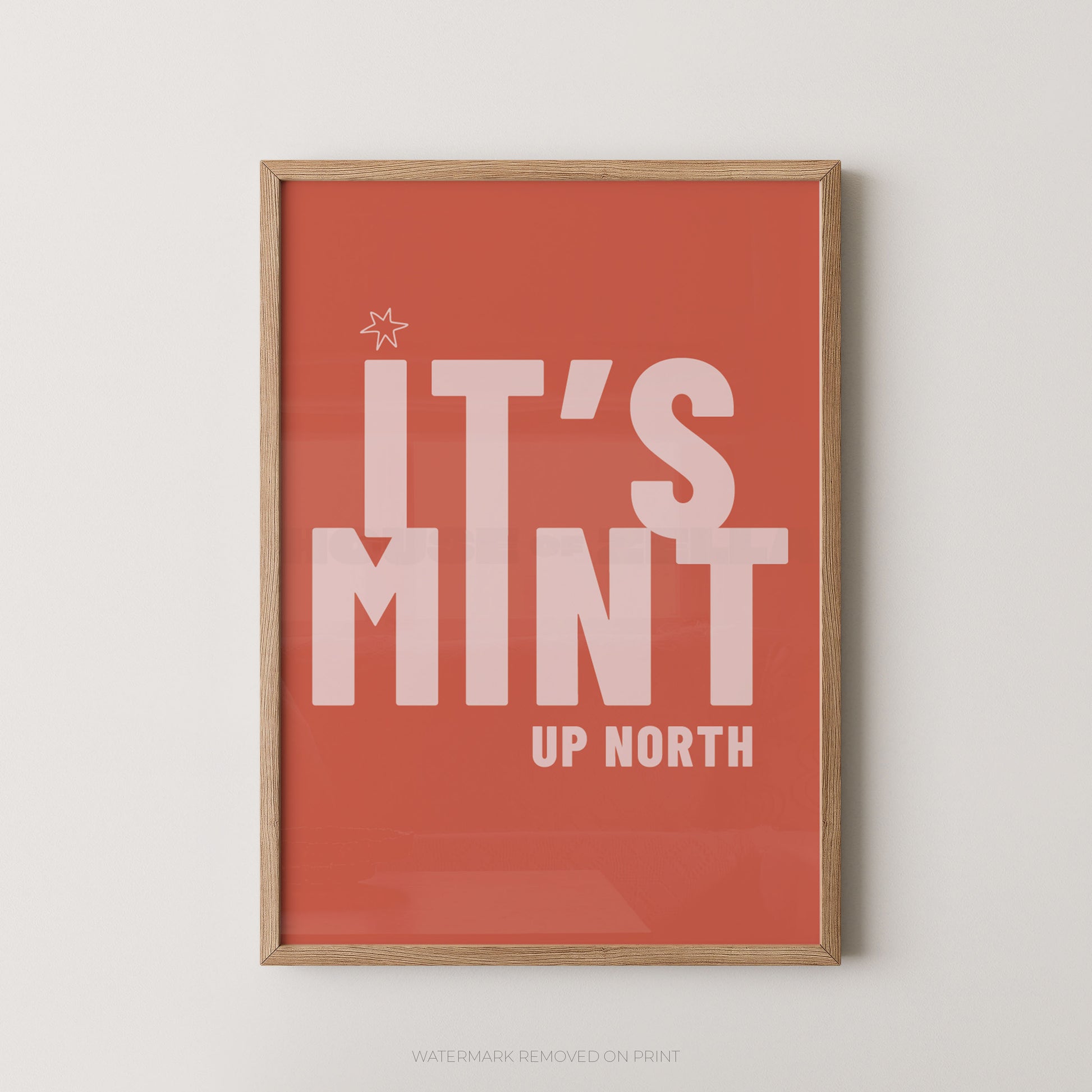 Framed typographic wall art print with a coral-red background and large white text reading “IT’S MINT UP NORTH,” shown hanging against a light neutral wall.