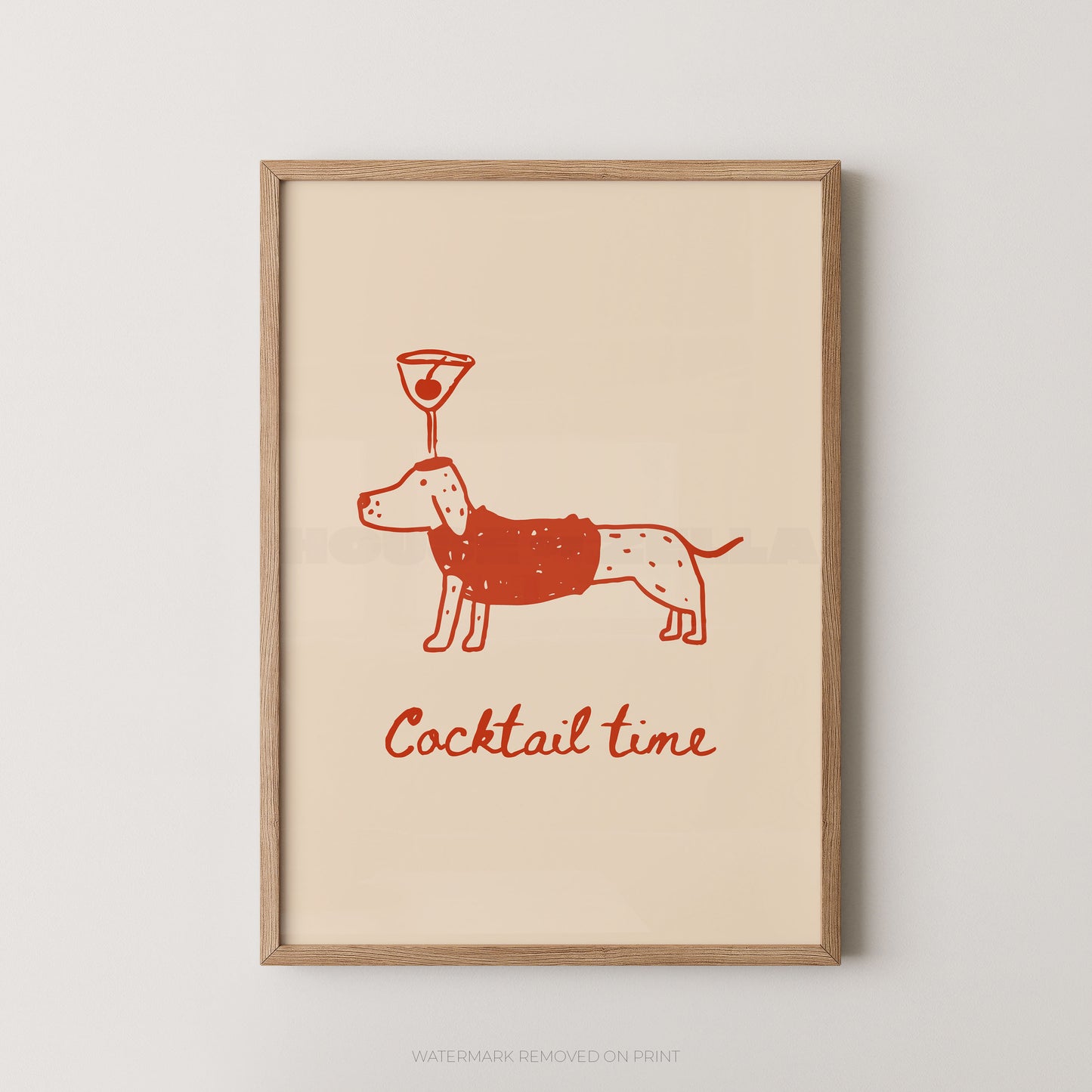 Framed wall art print with a minimalist red illustration of a dog wearing a sweater and a cocktail glass on its head, above the words 'Cocktail time' in red script, shown against a light neutral background.