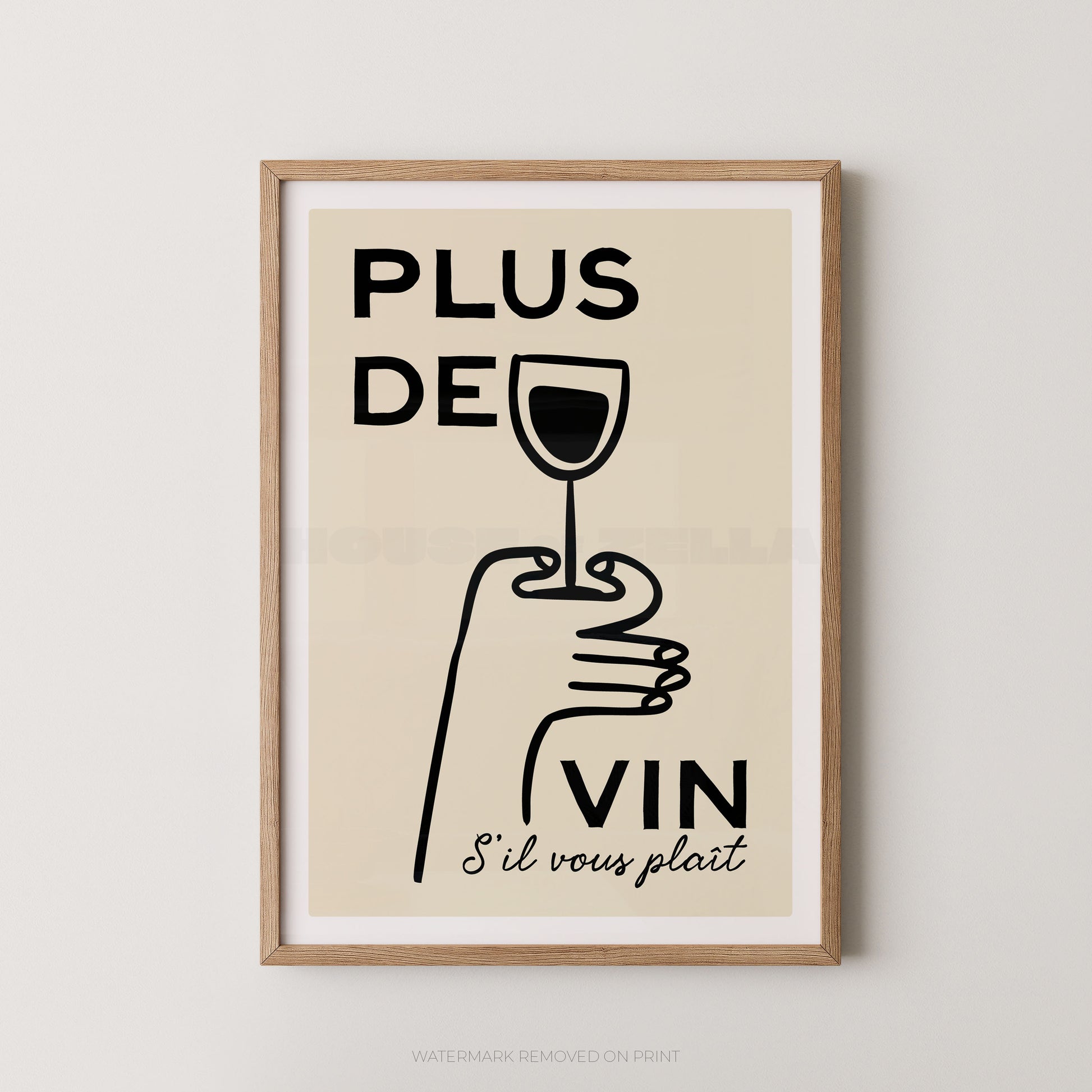 Framed artwork with a hand holding a wine glass and text on a beige background