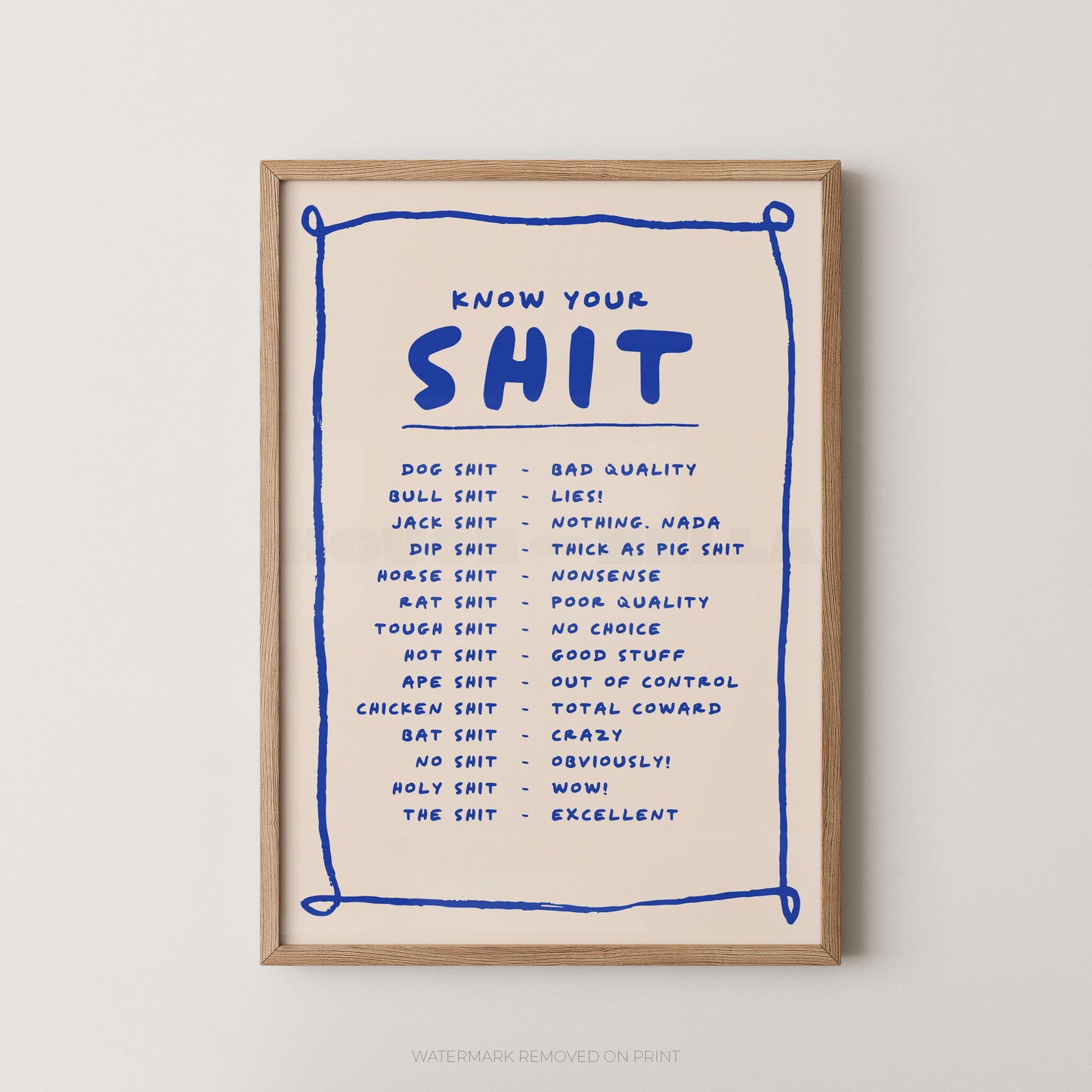 Framed poster with blue text on a beige background