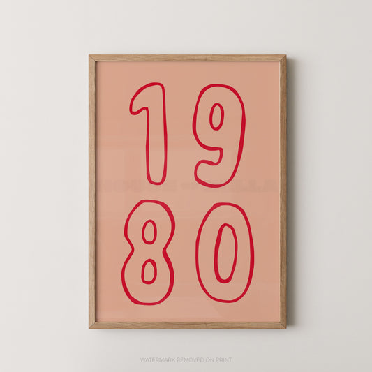 Framed wall art print with the numbers '1980' in red outline on a peach background, shown hanging against a light gray wall.