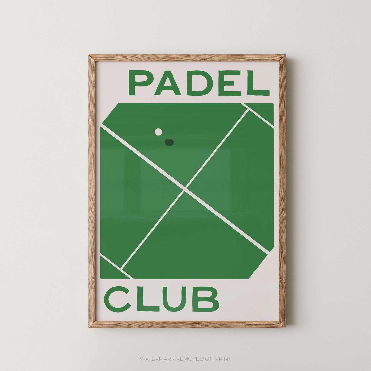 A framed minimalist poster featuring a green padel court graphic with the words 'PADEL CLUB' in green text on a white background, enclosed in a light wood frame against a light gray wall.