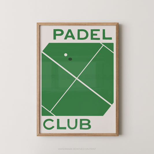 A framed minimalist poster featuring a green padel court graphic with the words 'PADEL CLUB' in green text on a white background, enclosed in a light wood frame against a light gray wall.