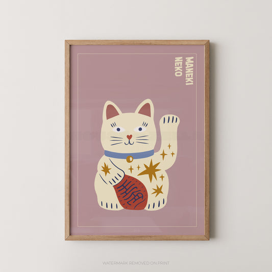 Framed artwork of a lucky cat illustration on a pink background