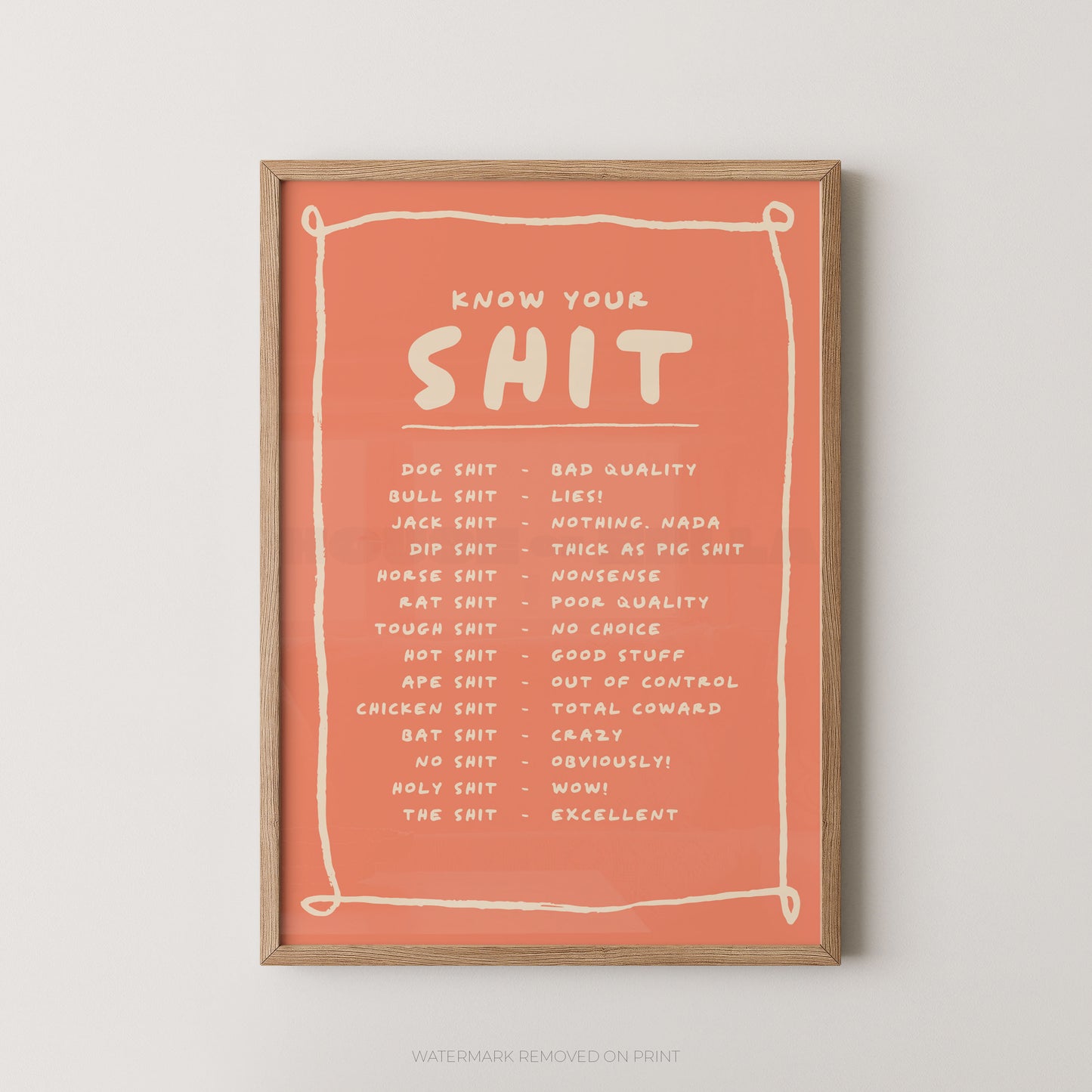 Framed poster with text on a coral background