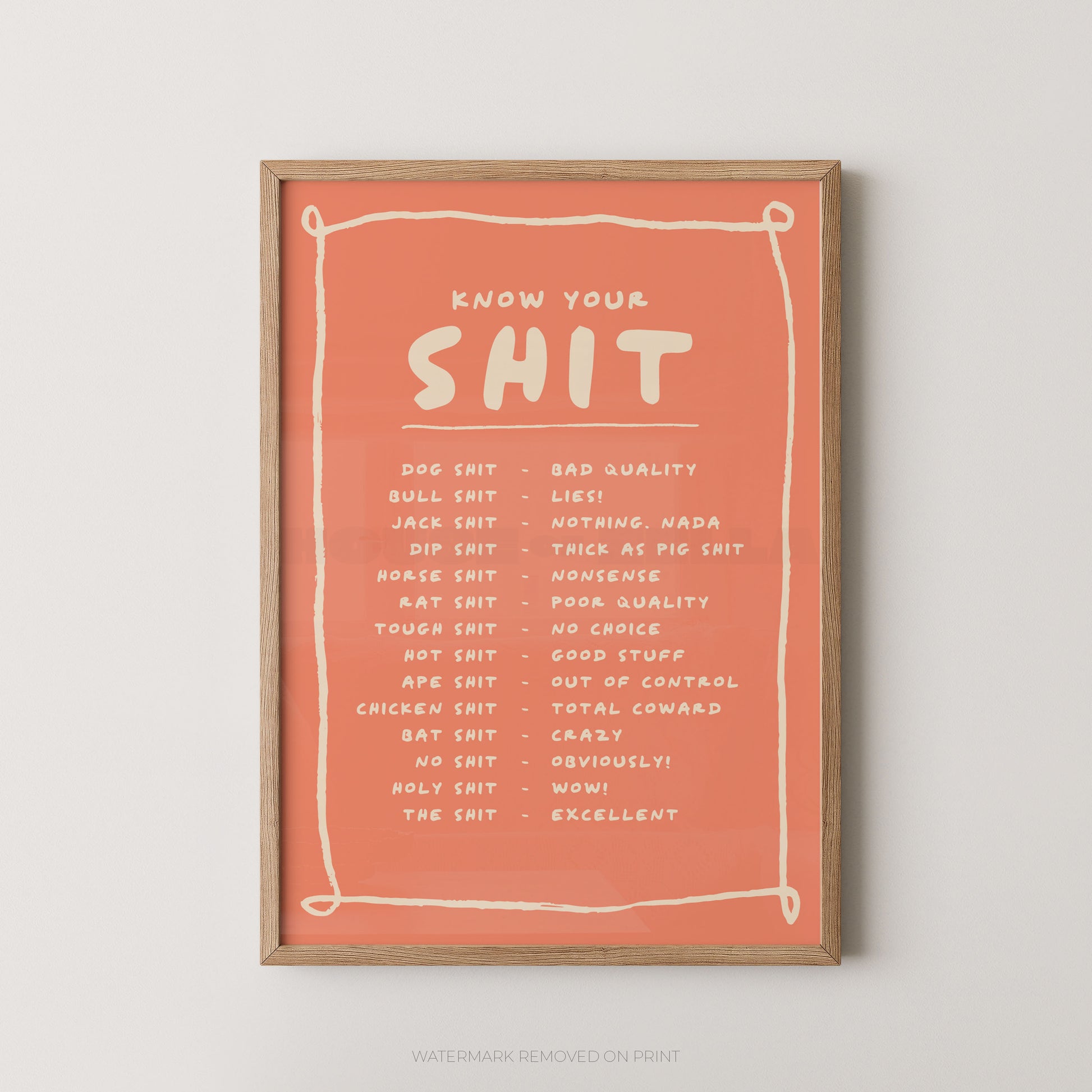 Framed poster with text on a coral background