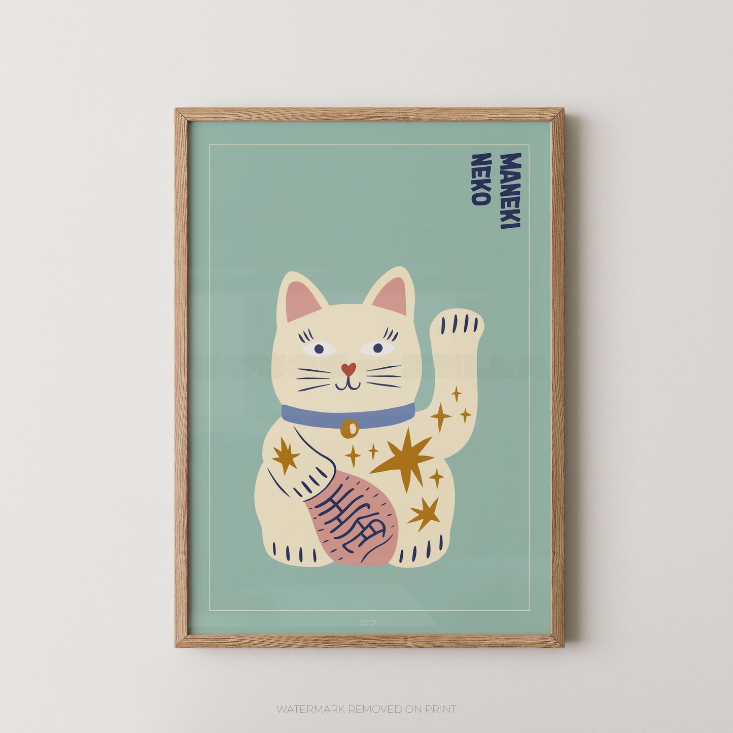 Framed artwork of a cartoon cat with 'Maneki Neko' text on a light green background