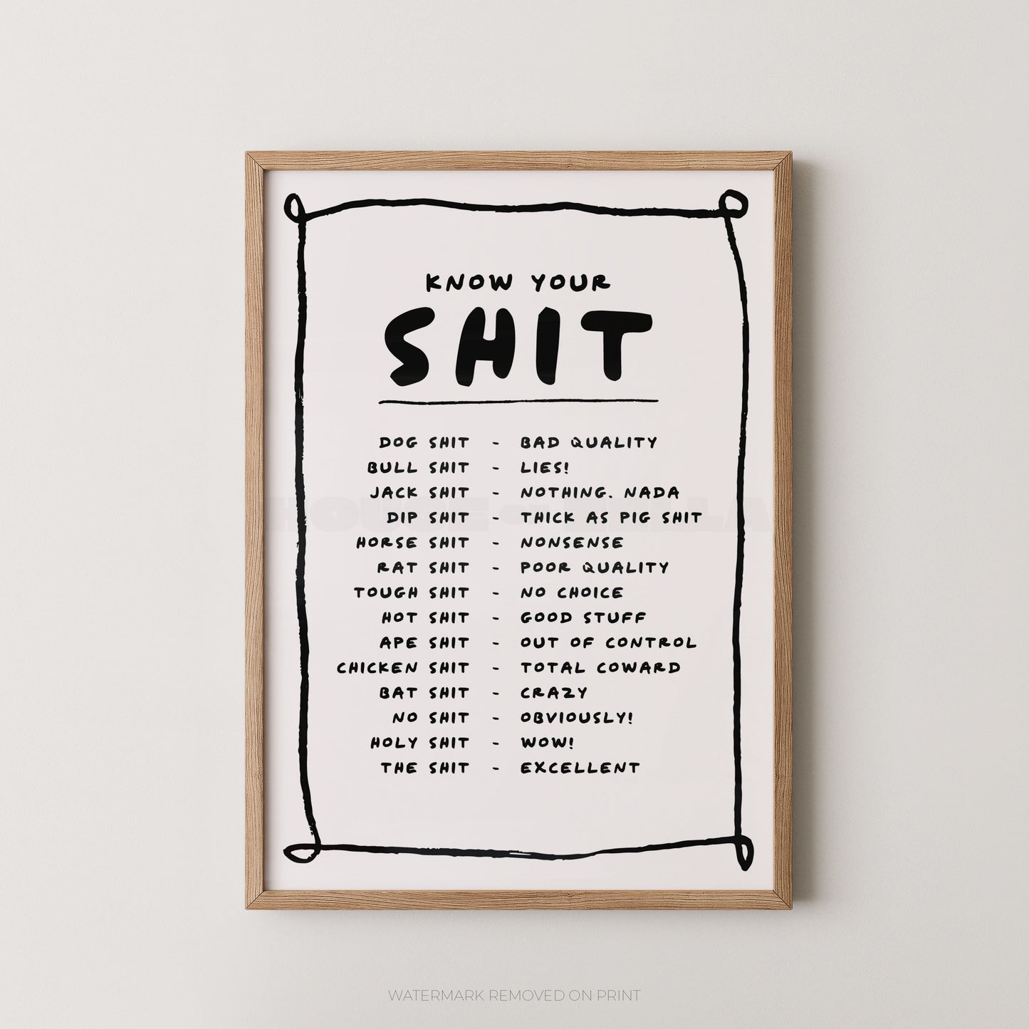 Framed print with a list of slang terms on a white background