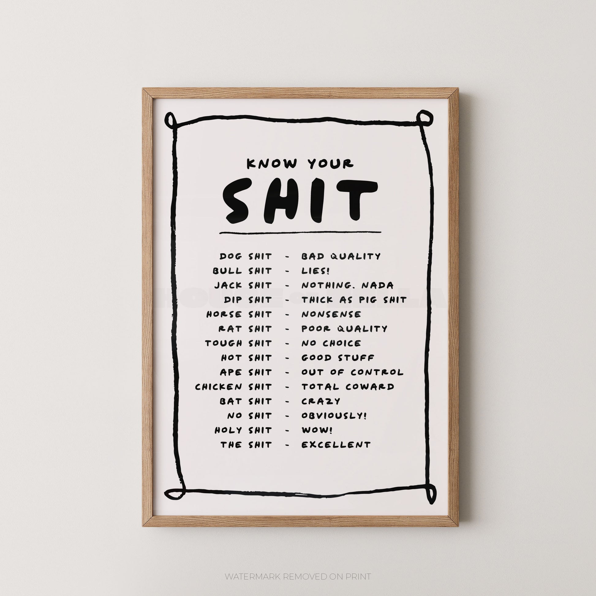Framed print with a list of slang terms on a white background