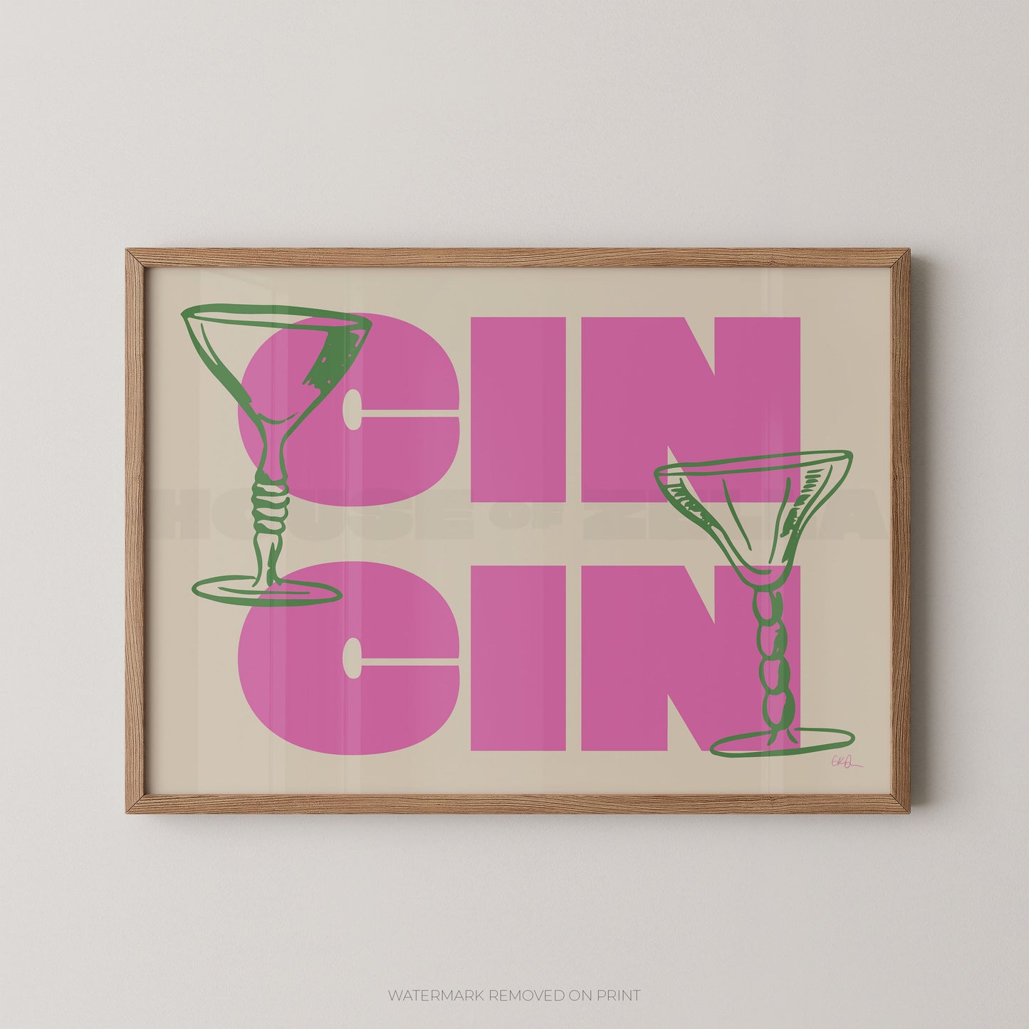 Framed artwork with 'GIN GIN' text and martini glass illustrations on a beige background