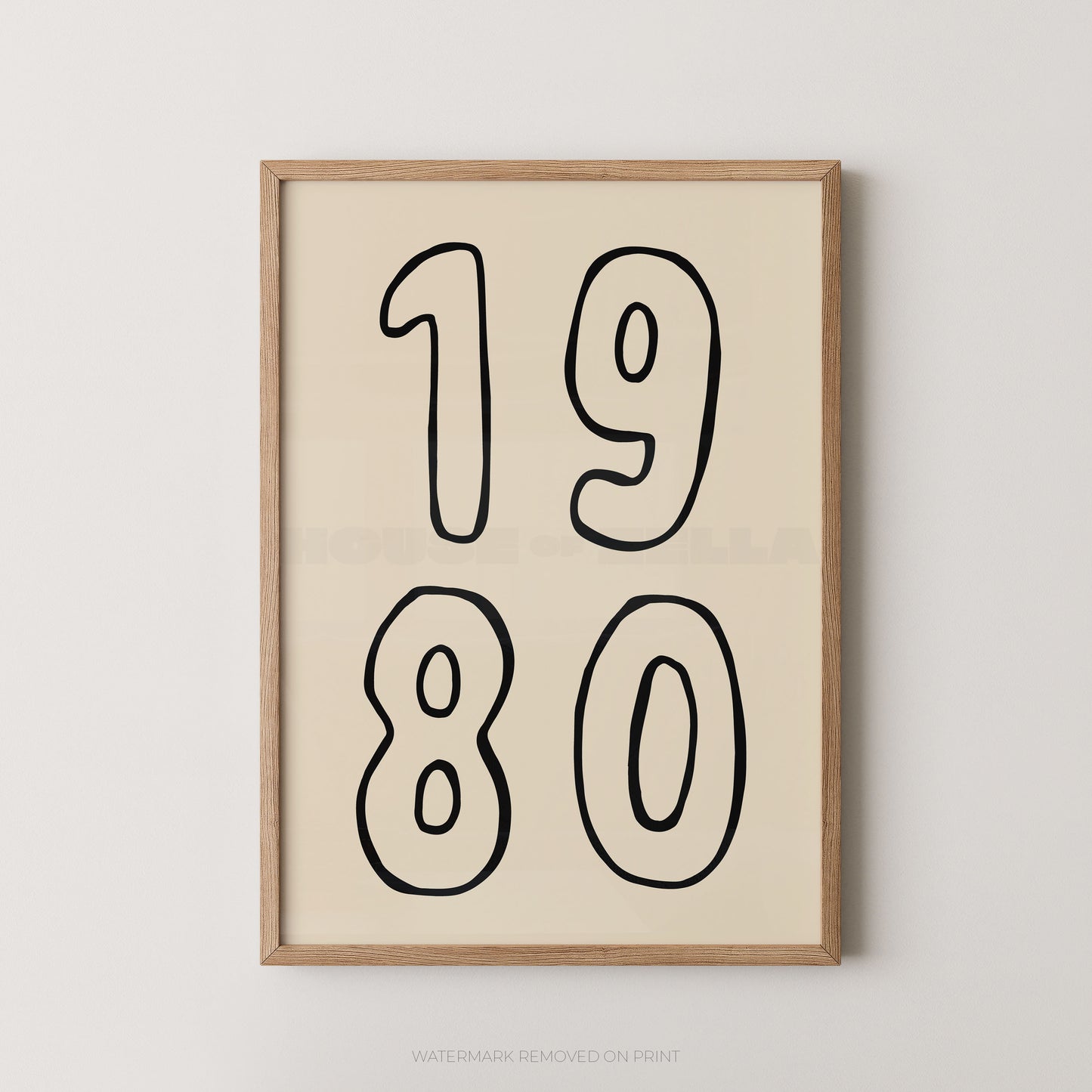 Framed wall art print featuring the numbers '1980' in large black outlined font on a warm cream background, enclosed in a light natural wood frame and shown against a light gray wall.