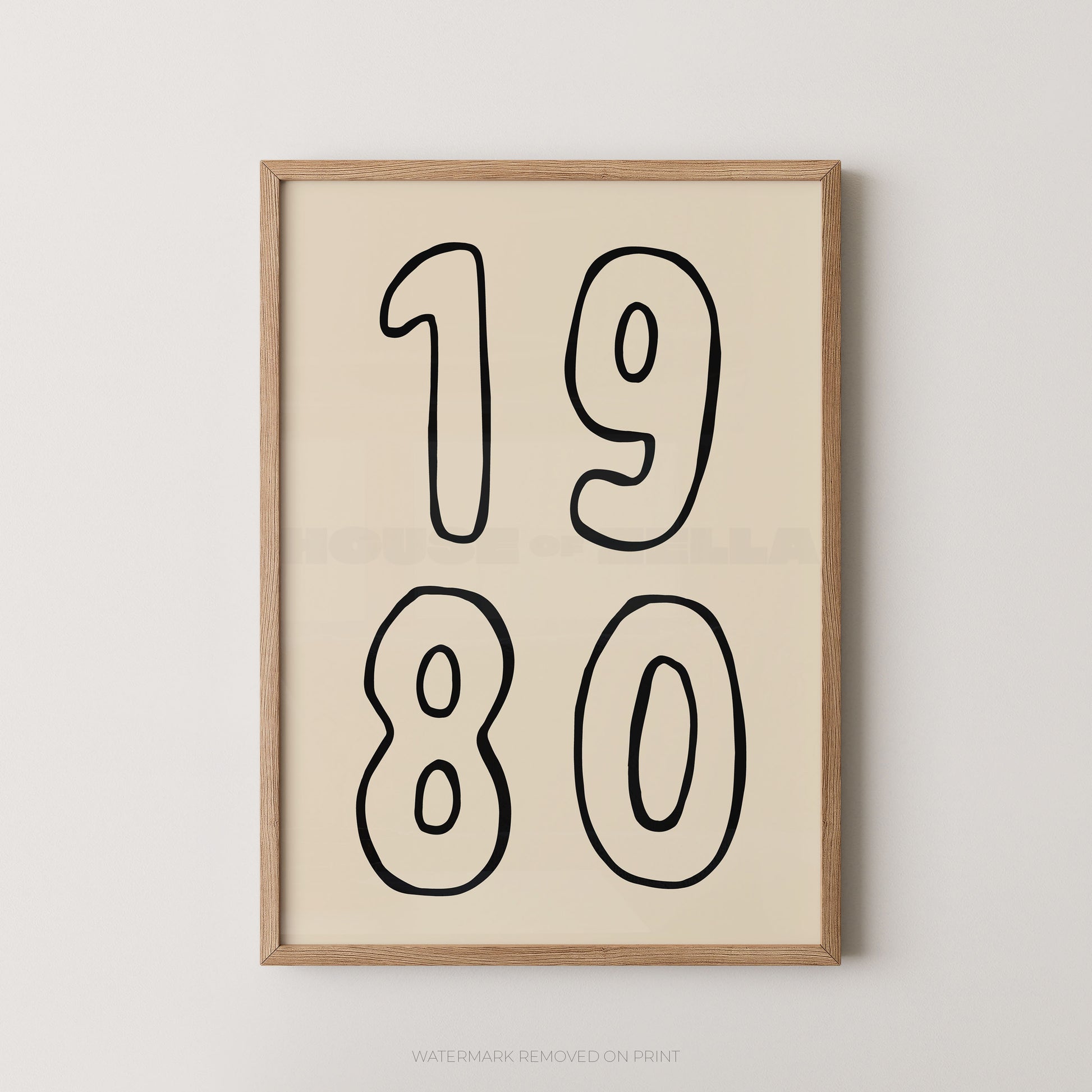 Framed wall art print featuring the numbers '1980' in large black outlined font on a warm cream background, enclosed in a light natural wood frame and shown against a light gray wall.