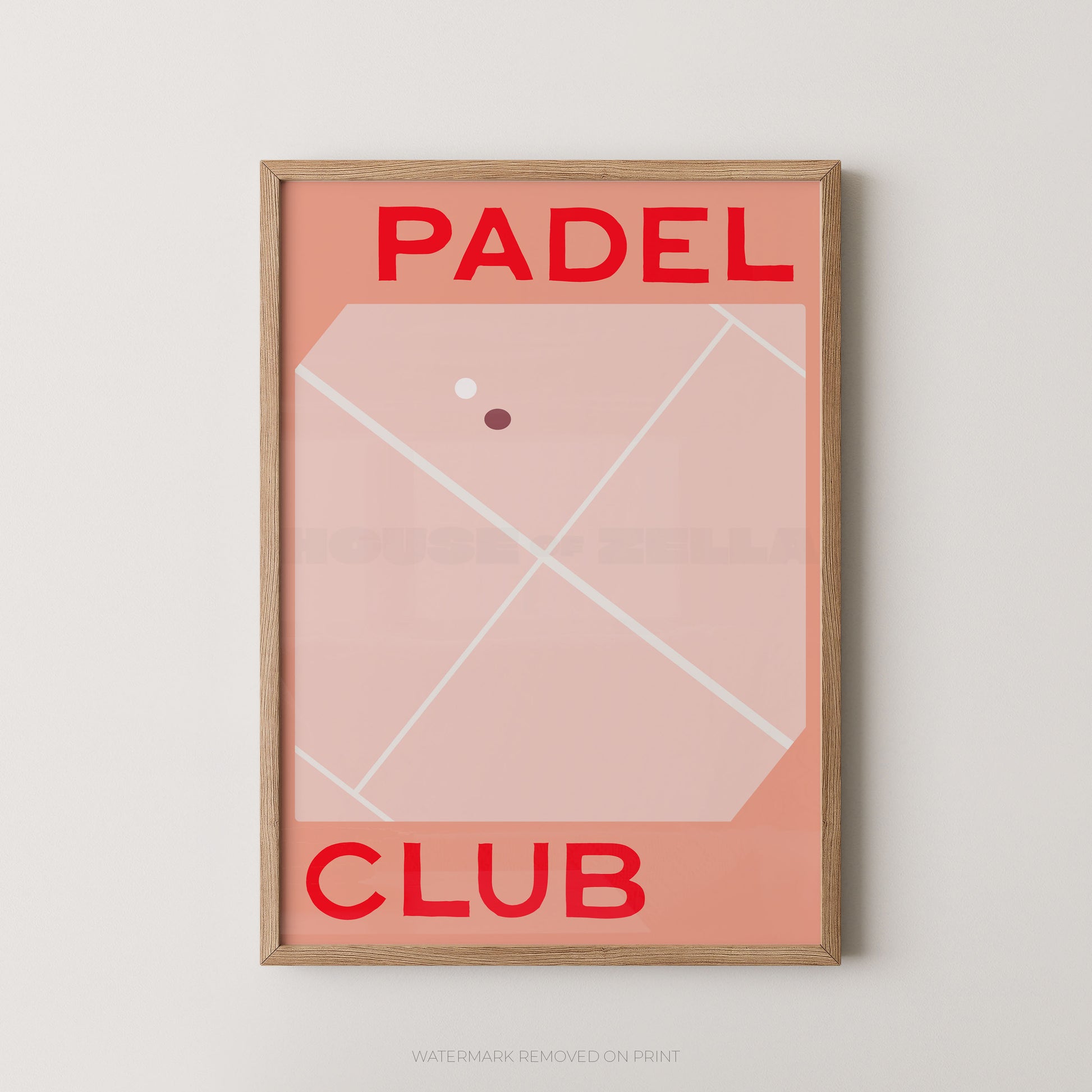 A framed minimalist poster featuring a pink and peach tennis court design with the words 'PADEL CLUB' in bold red text, hung on a light neutral wall.